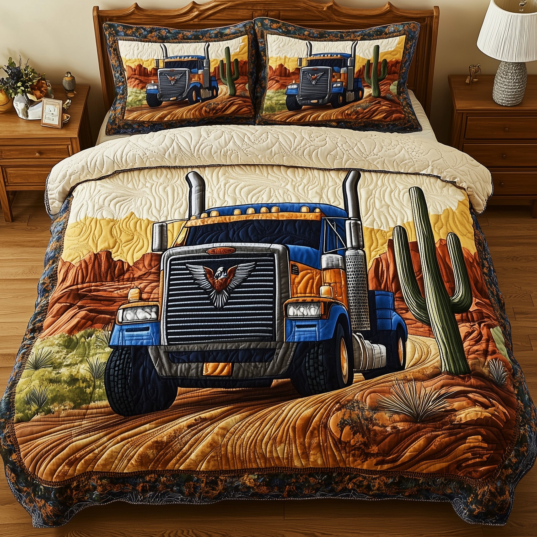 Southwest Trucking Trail Quilted Bedding Set Duvet Cover Bedspread Tractor Gifts For Dad