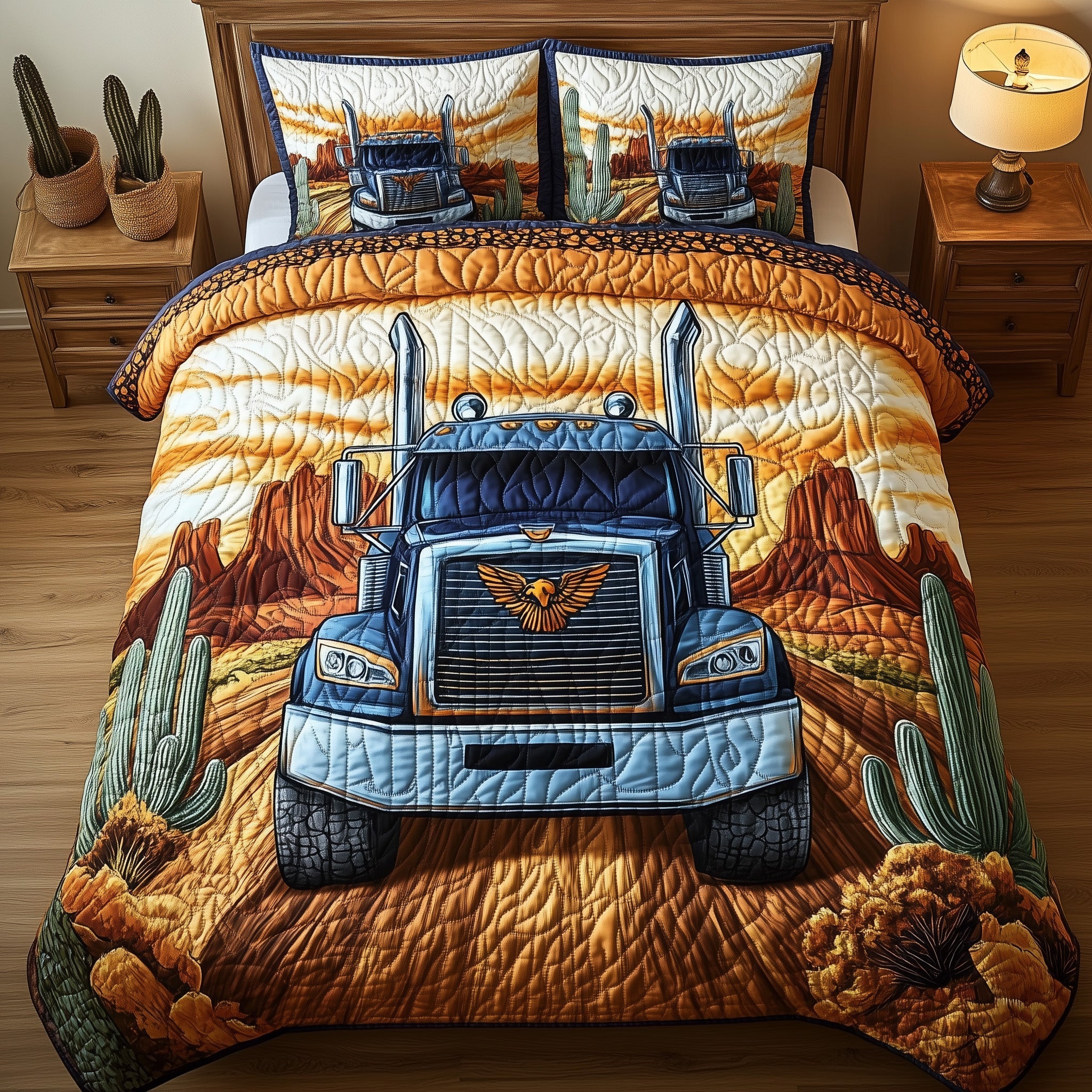 Southwest Trucking Trail Quilted Bedding Set Duvet Cover Bedspread Tractor Gifts For Him