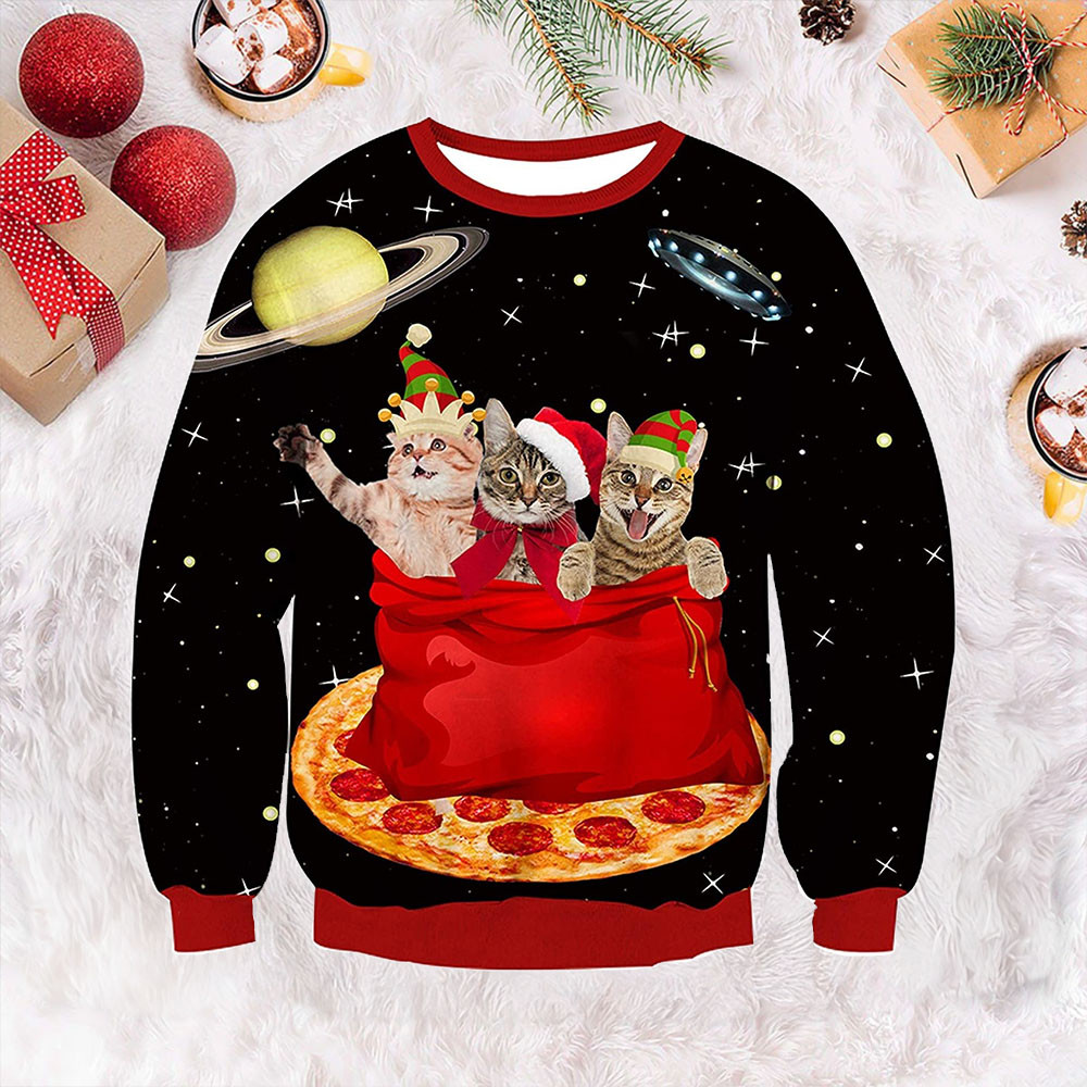 Space Pizza Cats Ugly Christmas Sweater Cat Lovers Pretty Sweaters For Christmas Gifts