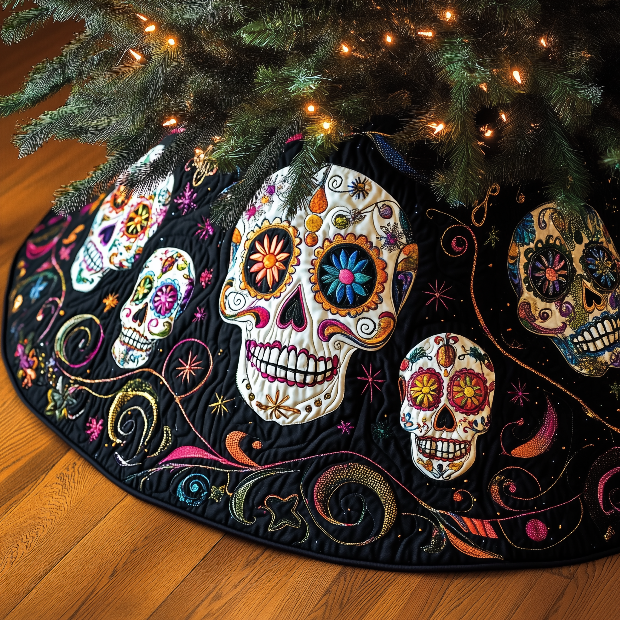 Space Skull Target Tree Skirt Quilted Handmade Gothic Holiday Decoration Gift for Cosmic Lovers