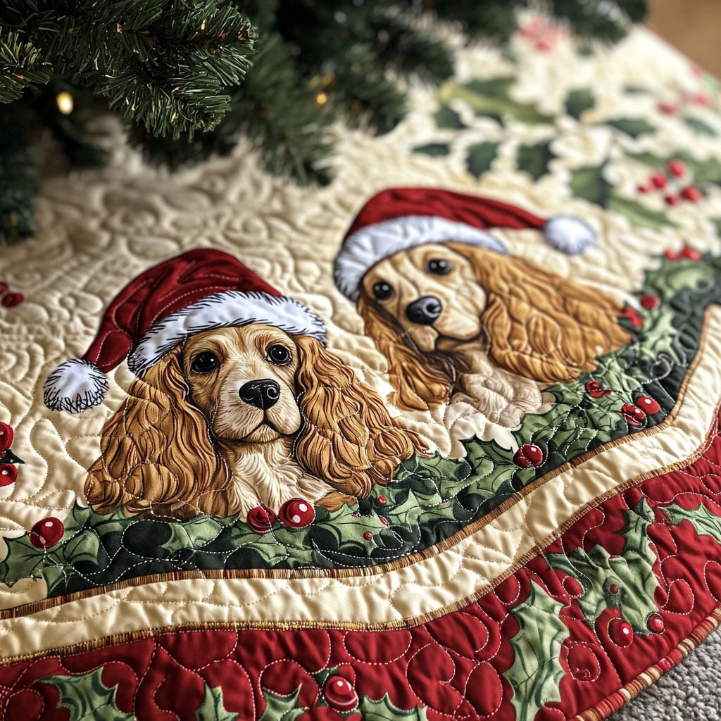 Spaniel Affection Quilted Christmas Tree Skirt Warm And Cozy Holiday Decor
