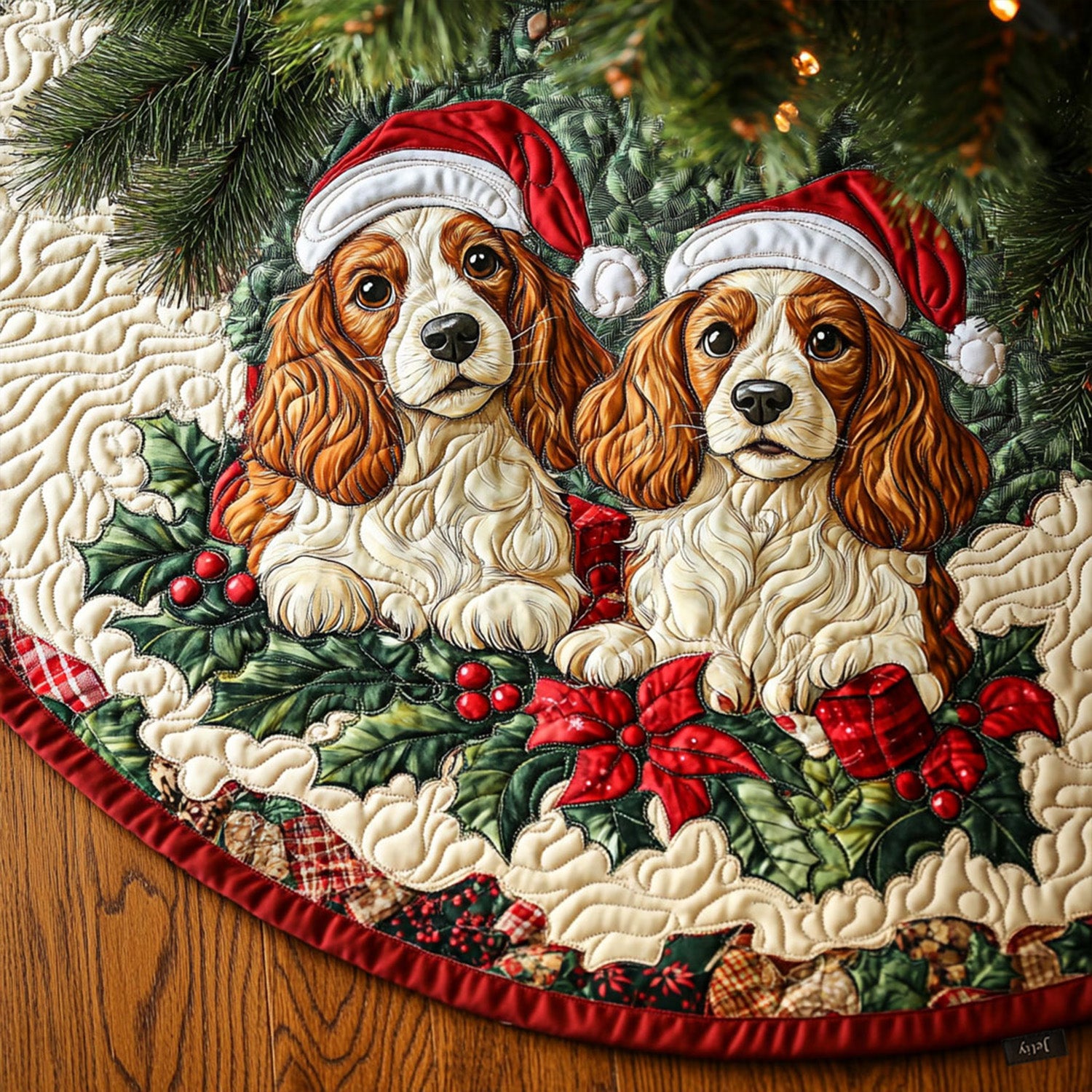 Spaniel Bliss Quilted Christmas Tree Skirt Family Holiday Gathering Decor