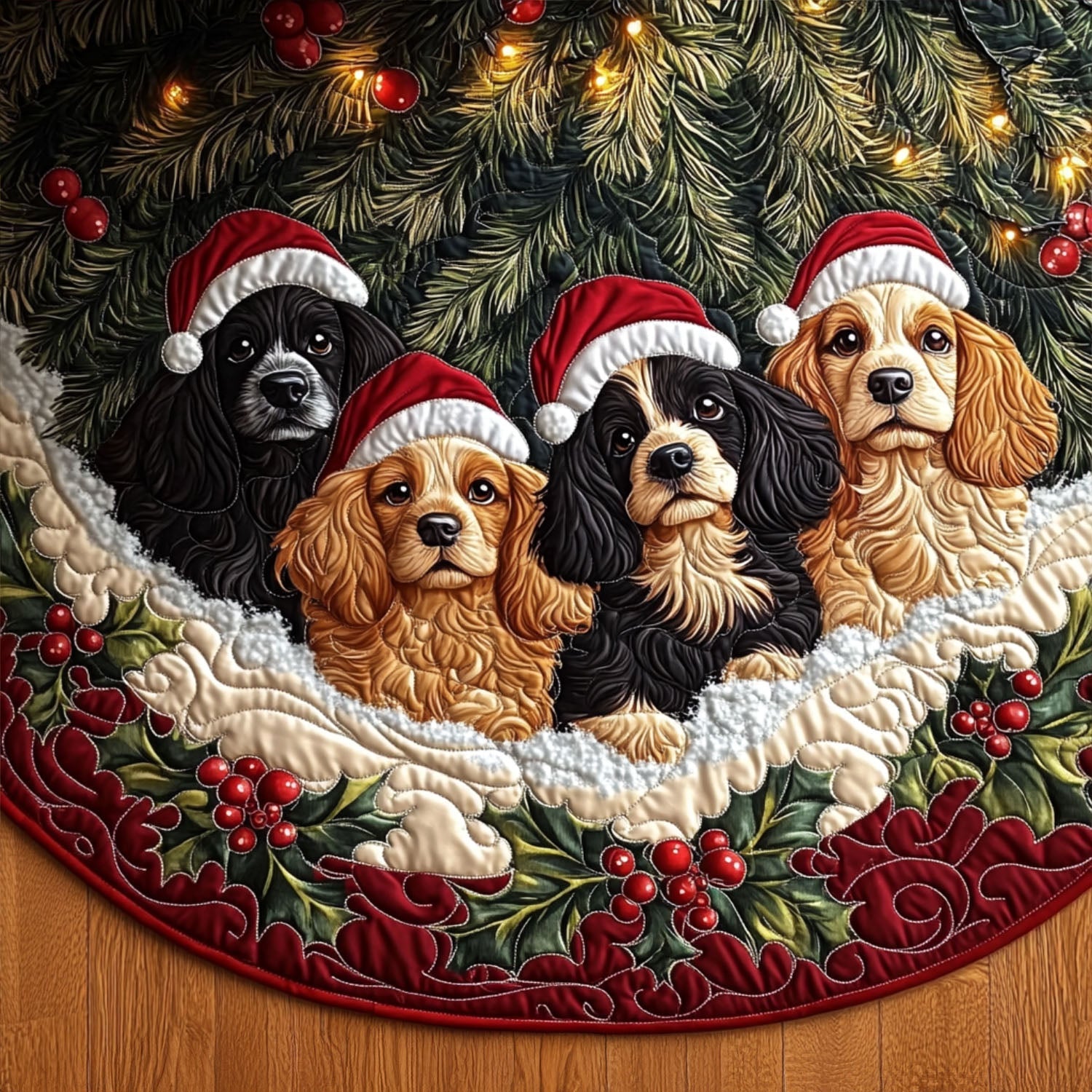 Spaniel Comfort Quilted Christmas Tree Skirt Merry And Bright Holiday Decor