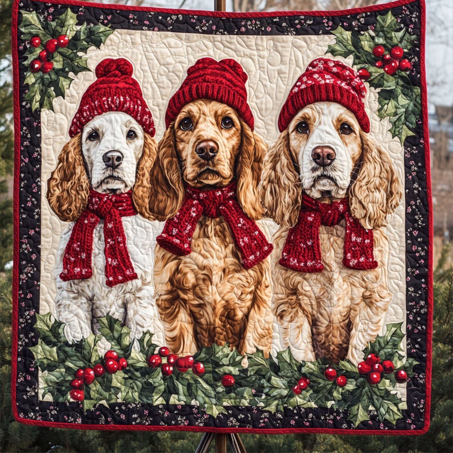 Spaniel Holiday Spirit Quilted Blanket Gift For Animal Lover