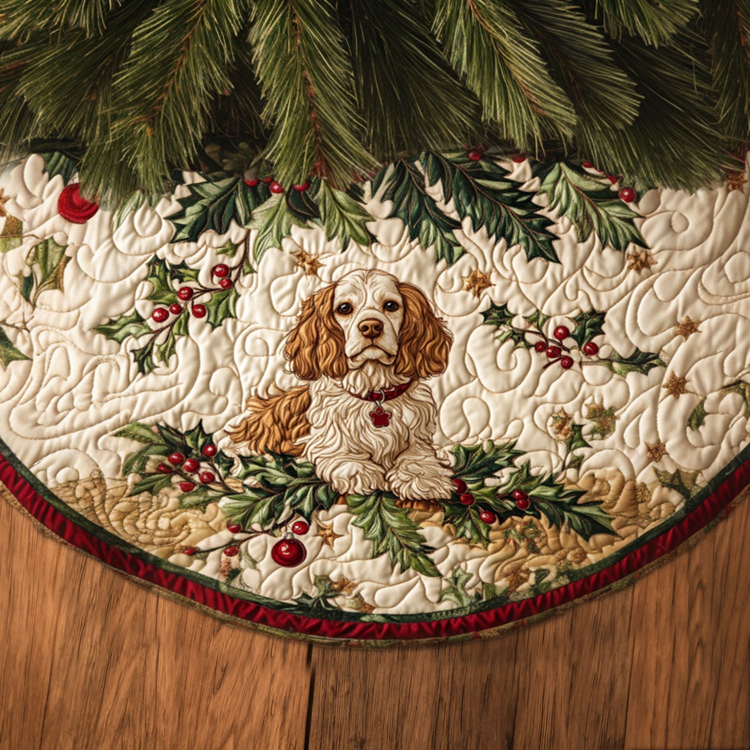 Spaniel Memories Quilted Christmas Tree Skirt Xmas Under-Tree Decoration