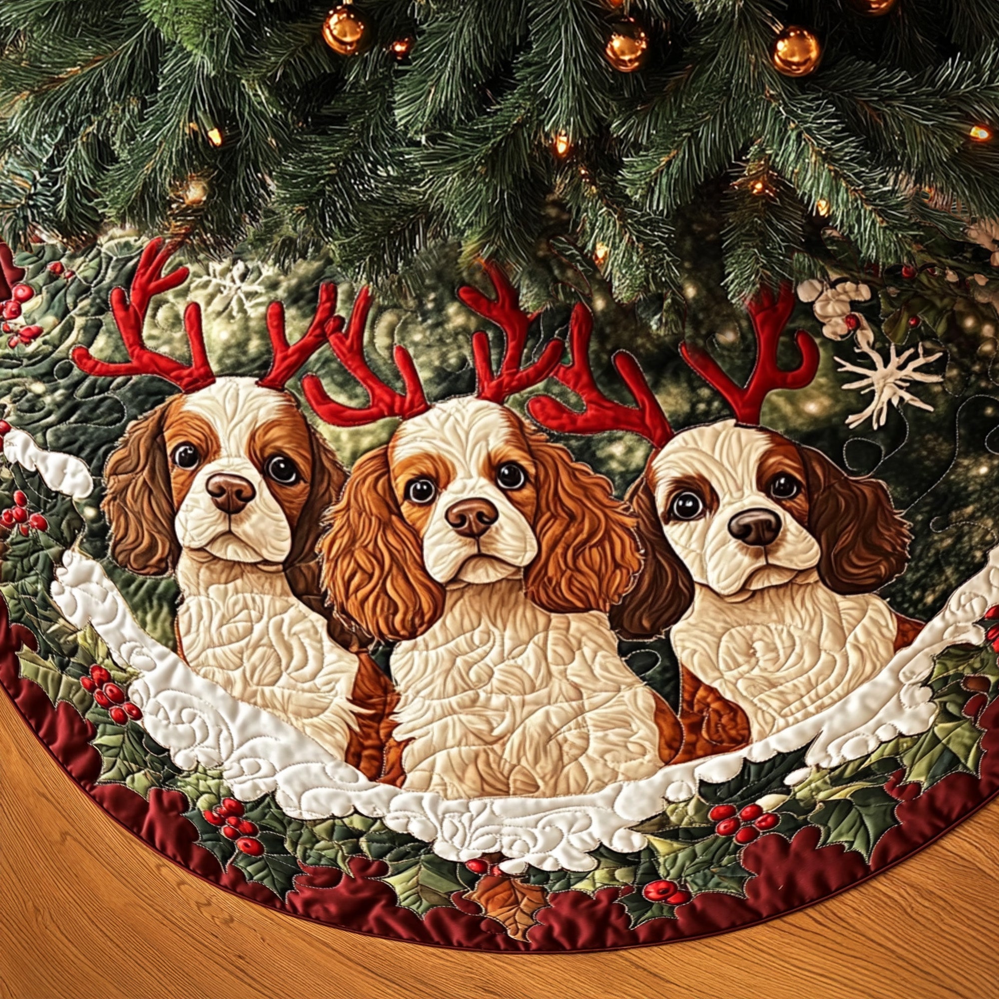 Spaniel Noel Delight Quilted Christmas Tree Skirt Xmas Under-Tree Decoration