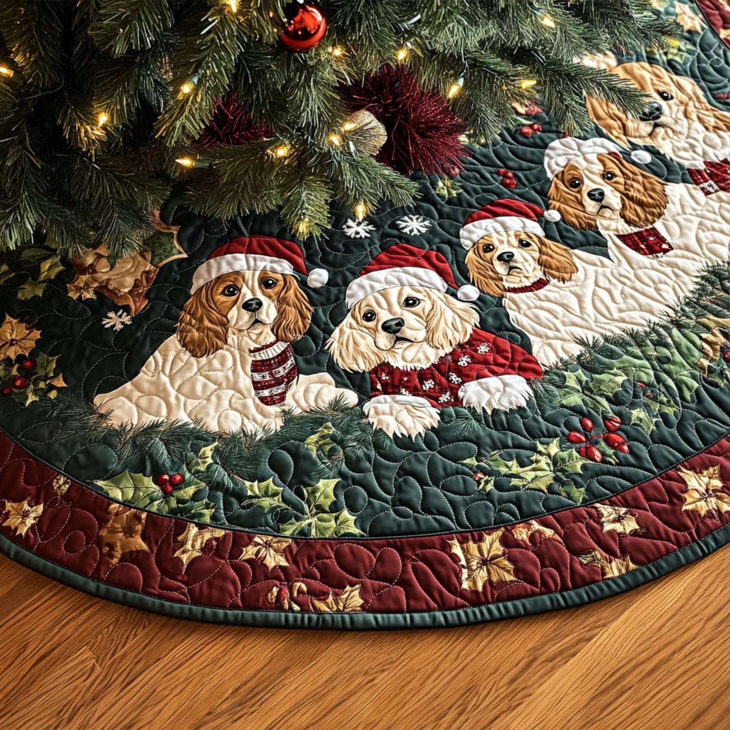 Spaniel Playtime Quilted Christmas Tree Skirt Lovely Holiday Tree Skirt for Festive Vibes
