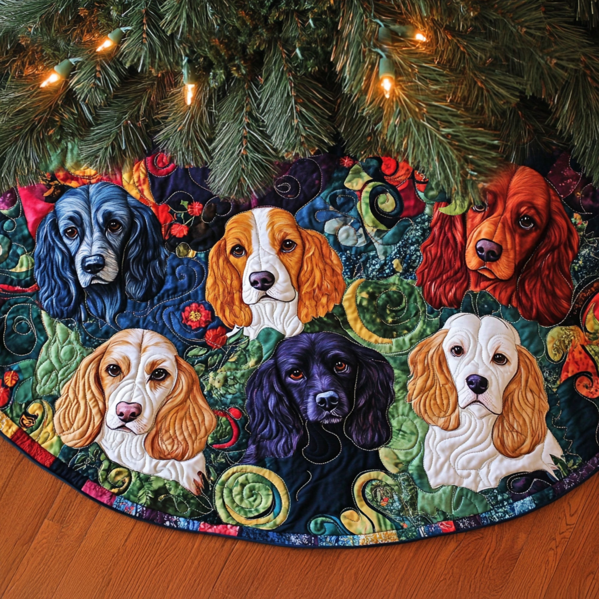 Spaniel Splendor Quilted Christmas Tree Skirt Holiday Tree Base Decoration