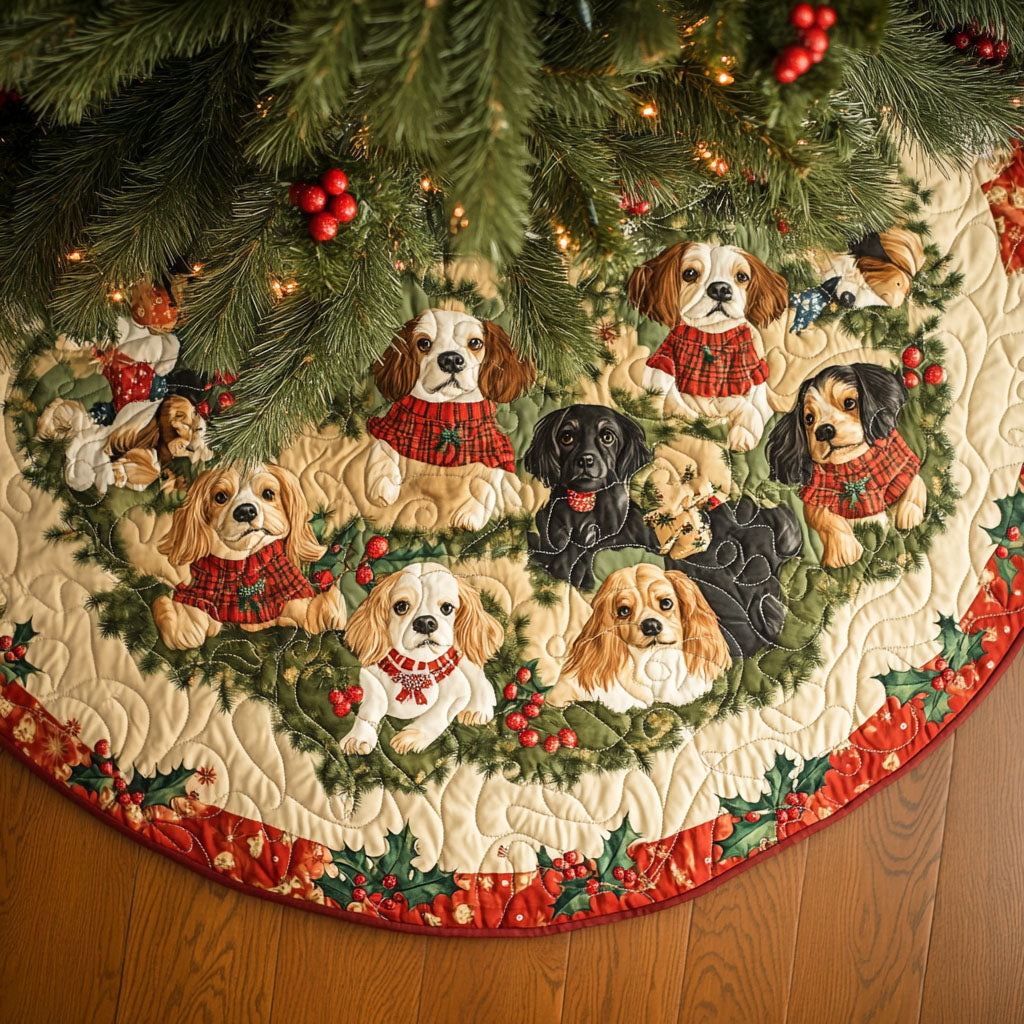 Spaniel Treasure Quilted Christmas Tree Skirt Holiday Tree Base Decoration