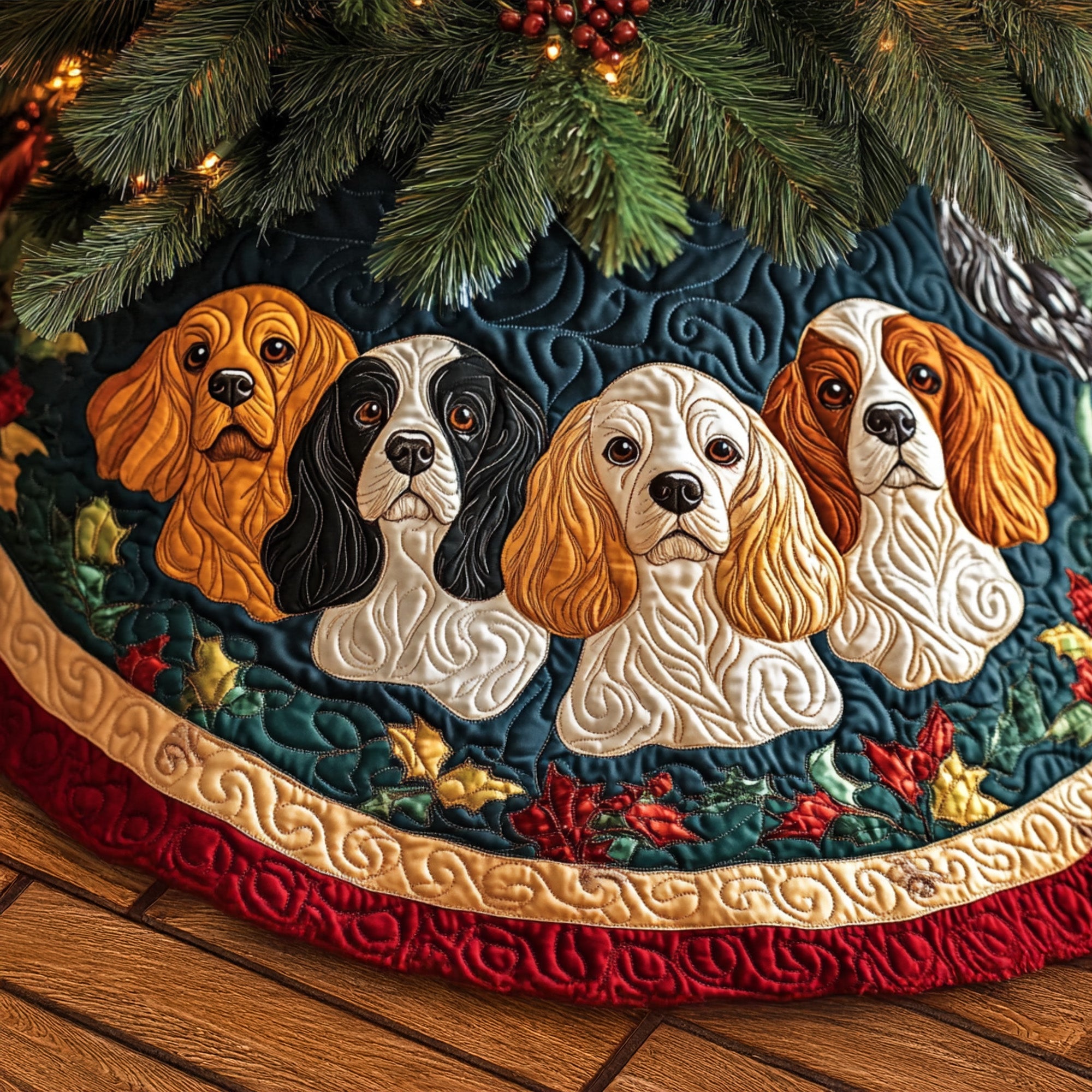 Spaniels Comfort Quilted Christmas Tree Skirt Under-Tree Christmas Decor