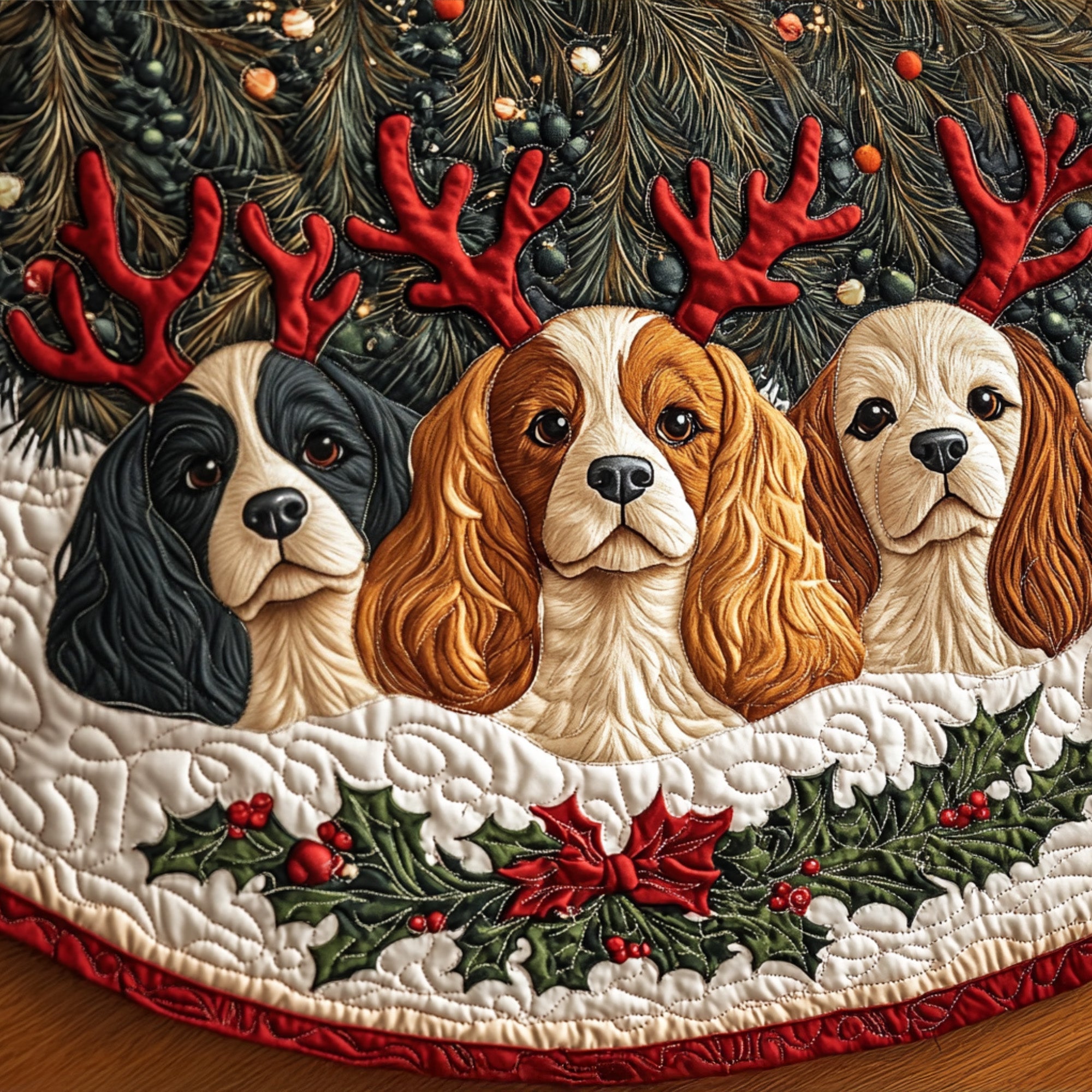 Spaniels Cuddles Quilted Christmas Tree Skirt Meaningful Christmas Gift to Warm the Heart
