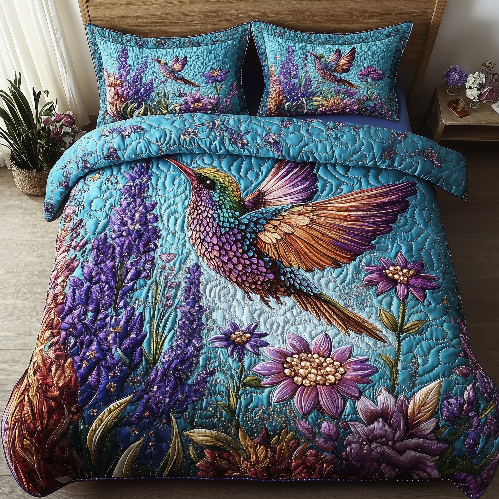 Sparkling Hummingbird Quilted Bedding Set Duvet Cover Bed Sheet Awesome Gifts For Hummingbird Lovers