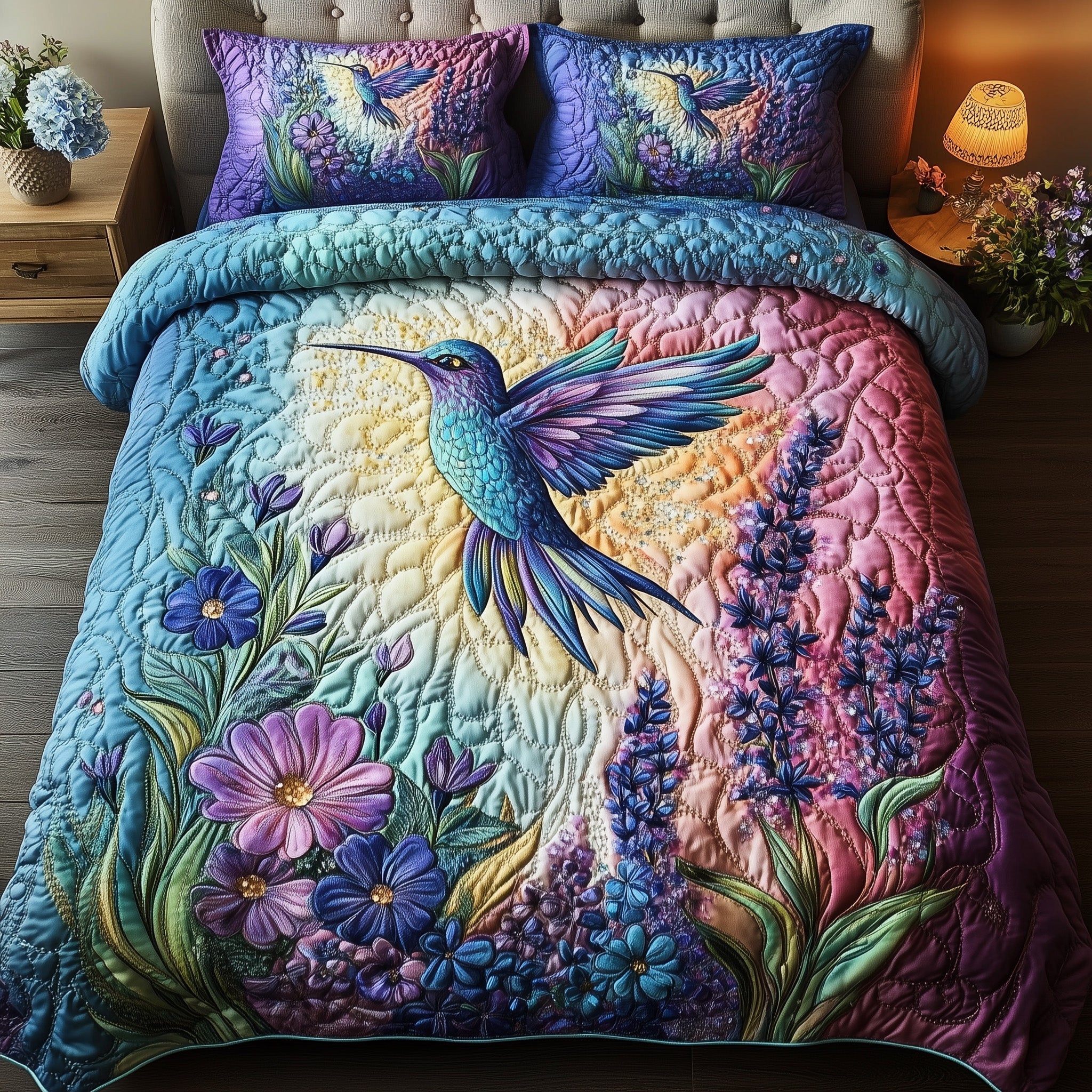 Sparkling Hummingbird Quilted Bedding Set Duvet Cover Bed Sheet Beautiful Hummingbird Gifts