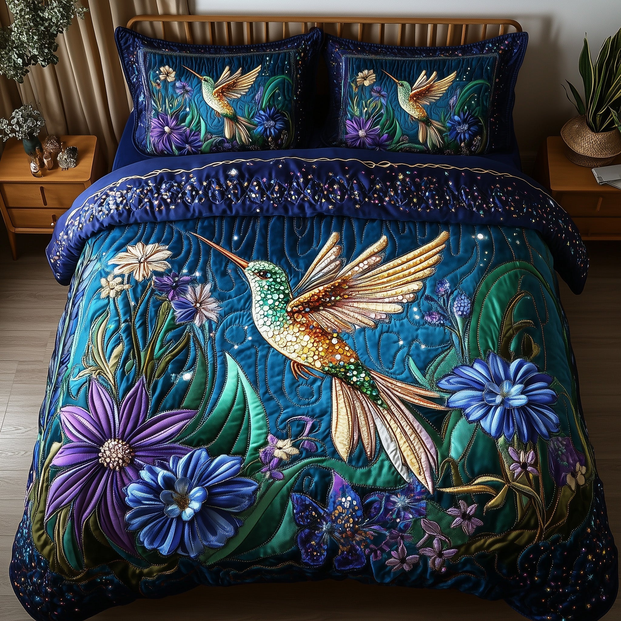 Sparkling Hummingbird Quilted Bedding Set Duvet Cover Bed Sheet Best Hummingbird Gifts For Christmas