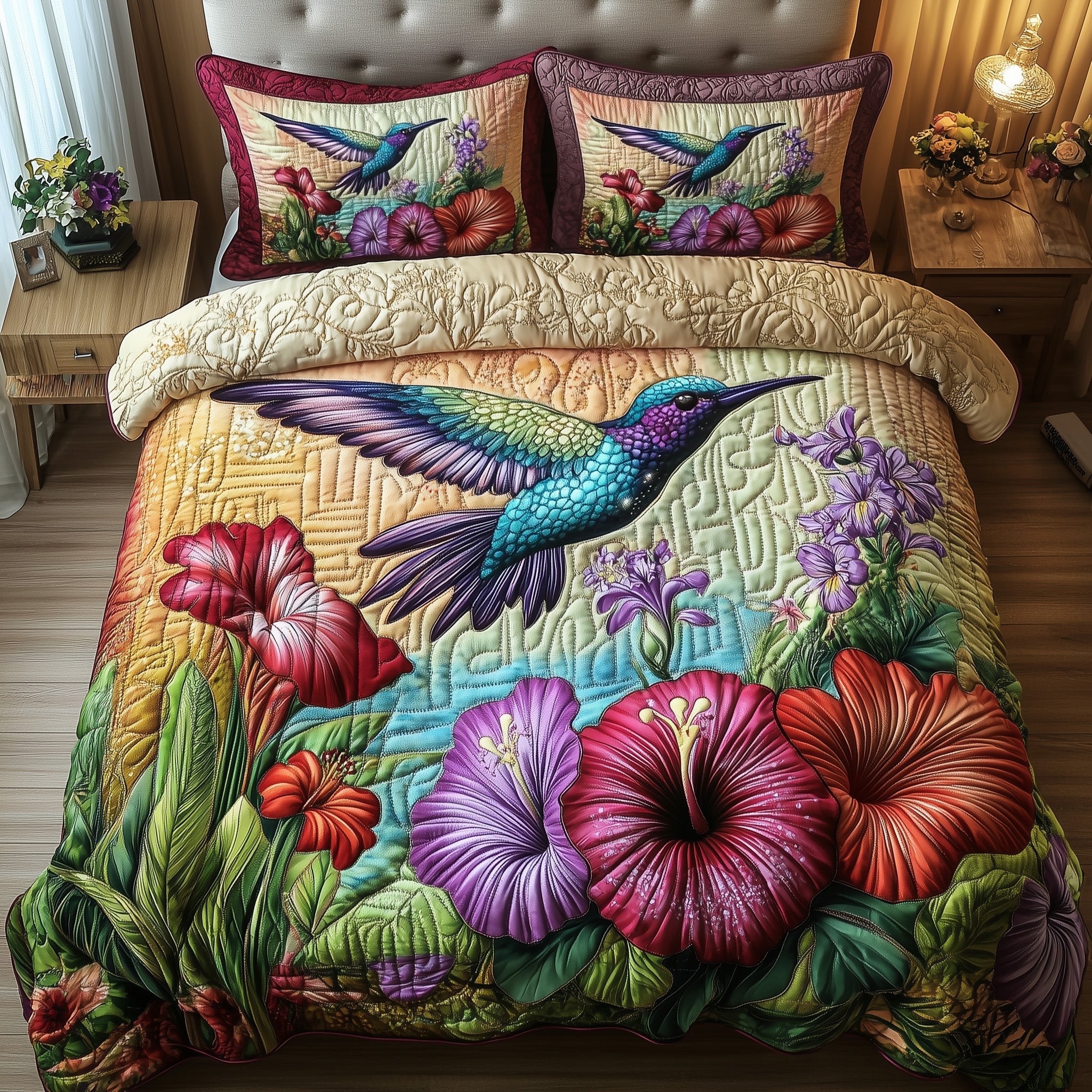 Sparkling Hummingbird Quilted Bedding Set Duvet Cover Bed Sheet Best Hummingbird Related Gifts