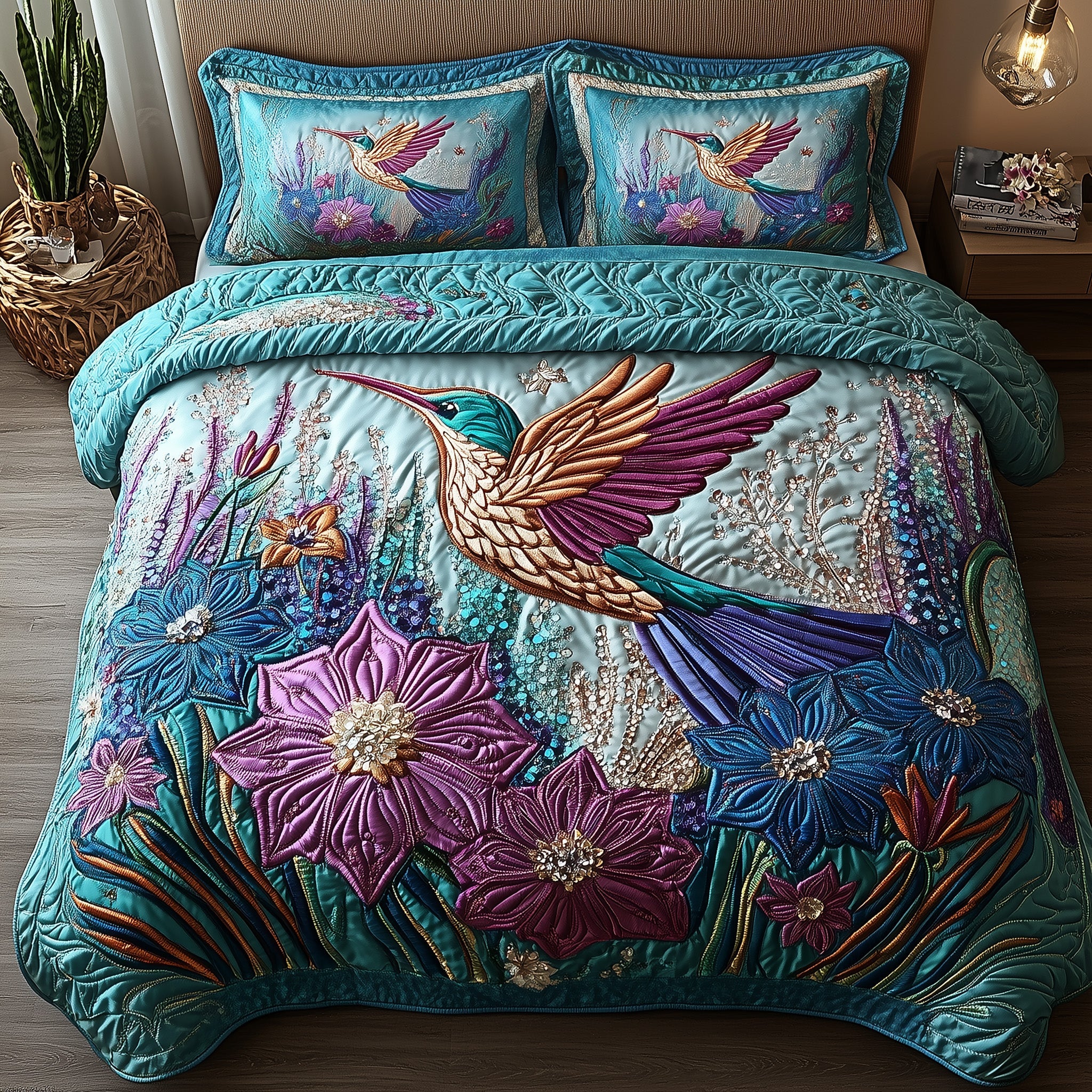 Sparkling Hummingbird Quilted Bedding Set Duvet Cover Bed Sheet Best Hummingbird Themed Gifts