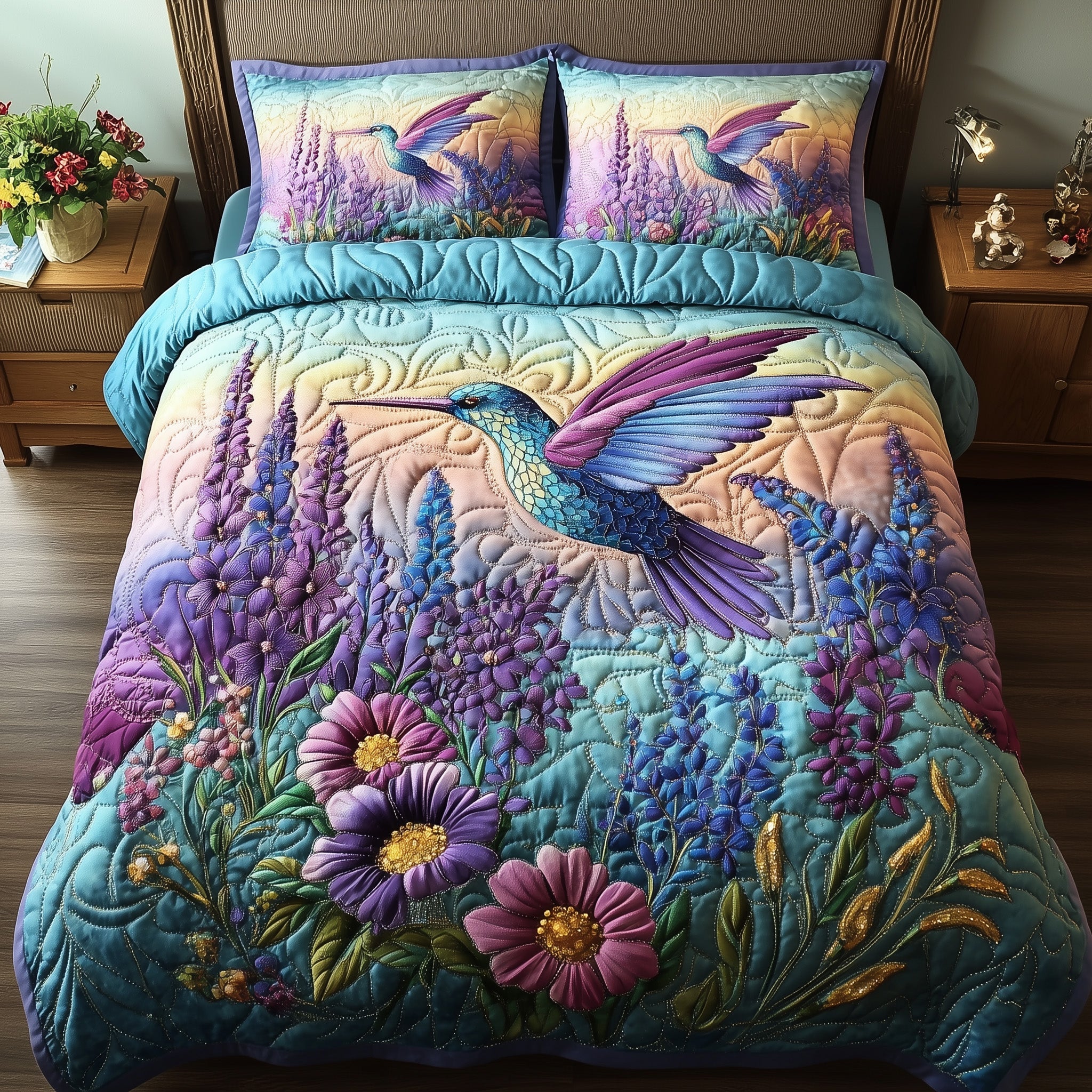 Sparkling Hummingbird Quilted Bedding Set Duvet Cover Bed Sheet Birthday Gifts For Hummingbird Lovers