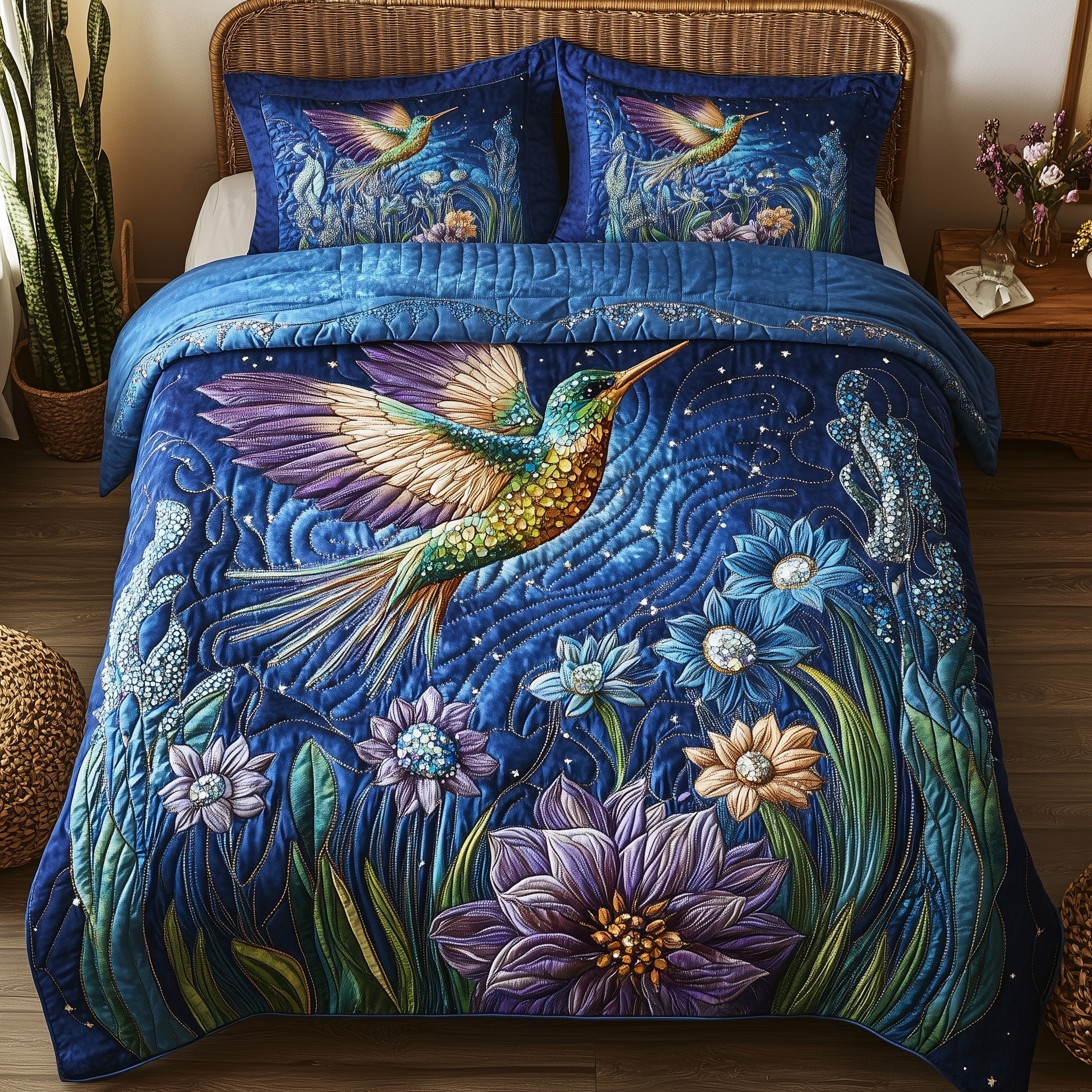 Sparkling Hummingbird Quilted Bedding Set Duvet Cover Bed Sheet Birthday Presents For Hummingbird Lovers
