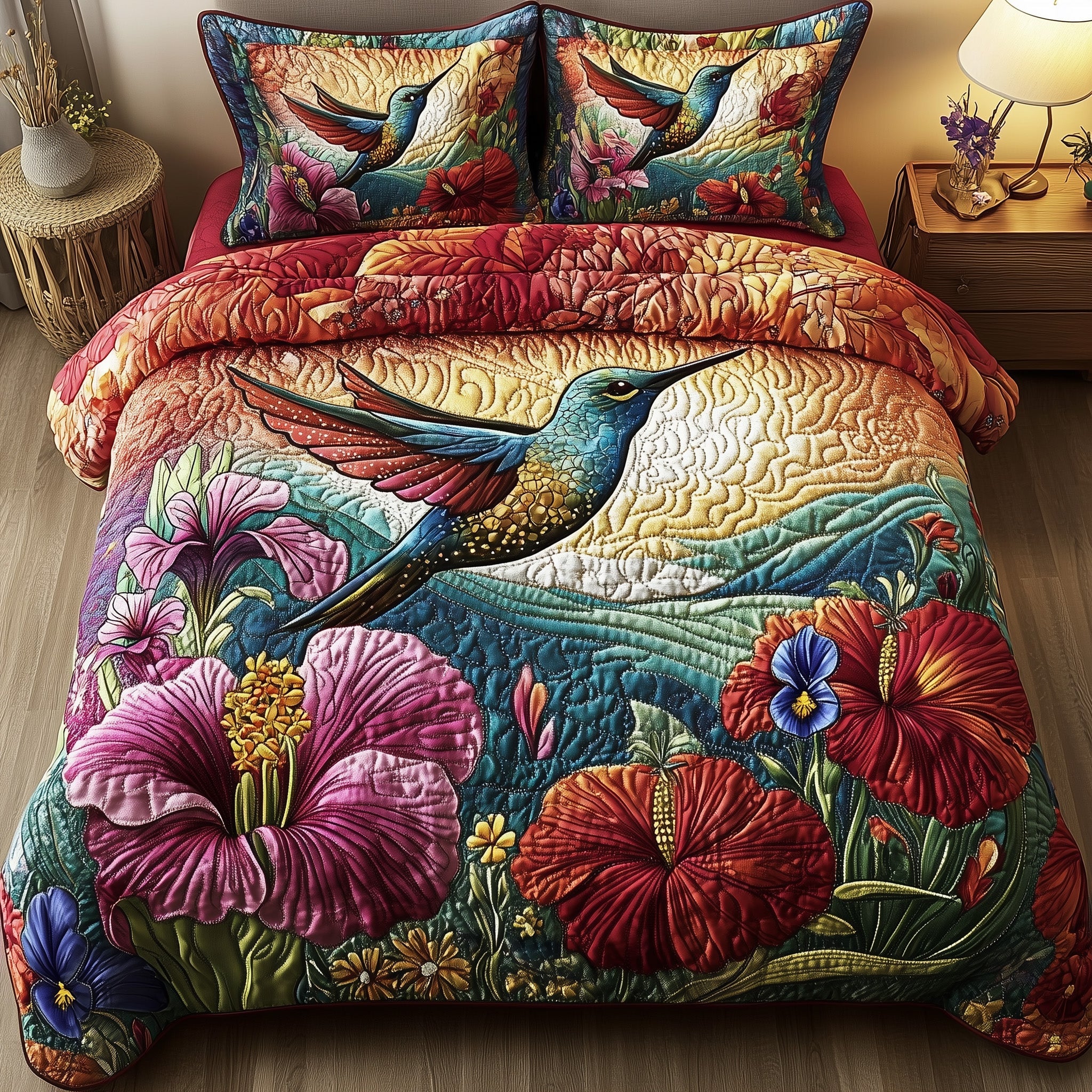 Sparkling Hummingbird Quilted Bedding Set Duvet Cover Bed Sheet Cool Gifts For Hummingbird Lovers