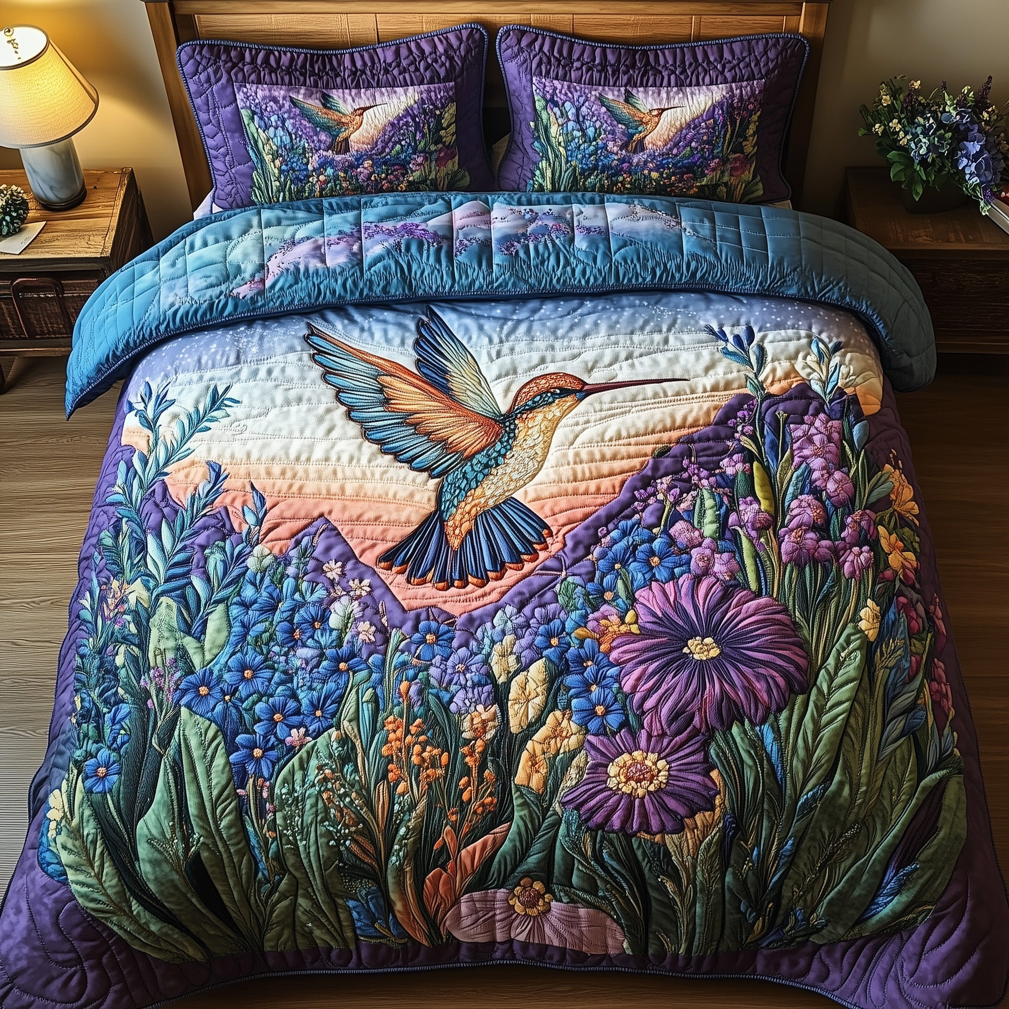 Sparkling Hummingbird Quilted Bedding Set Duvet Cover Bed Sheet Gifts For Hummingbird Watchers