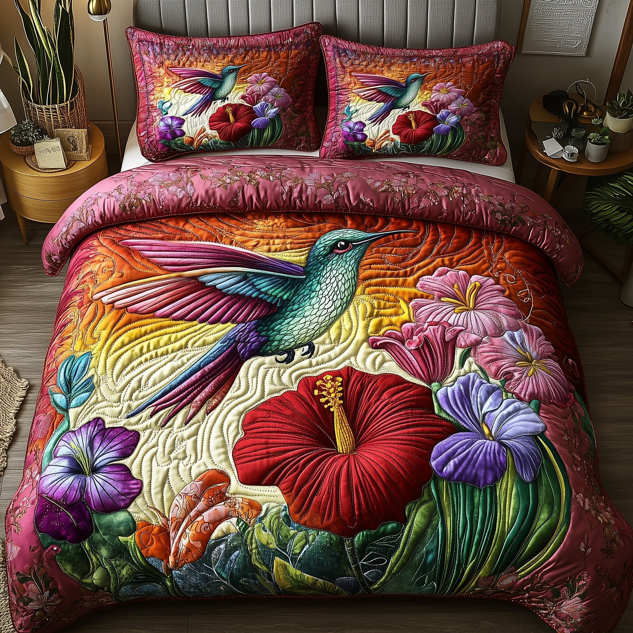 Sparkling Hummingbird Quilted Bedding Set Duvet Cover Bed Sheet Great Hummingbird Lover Gifts