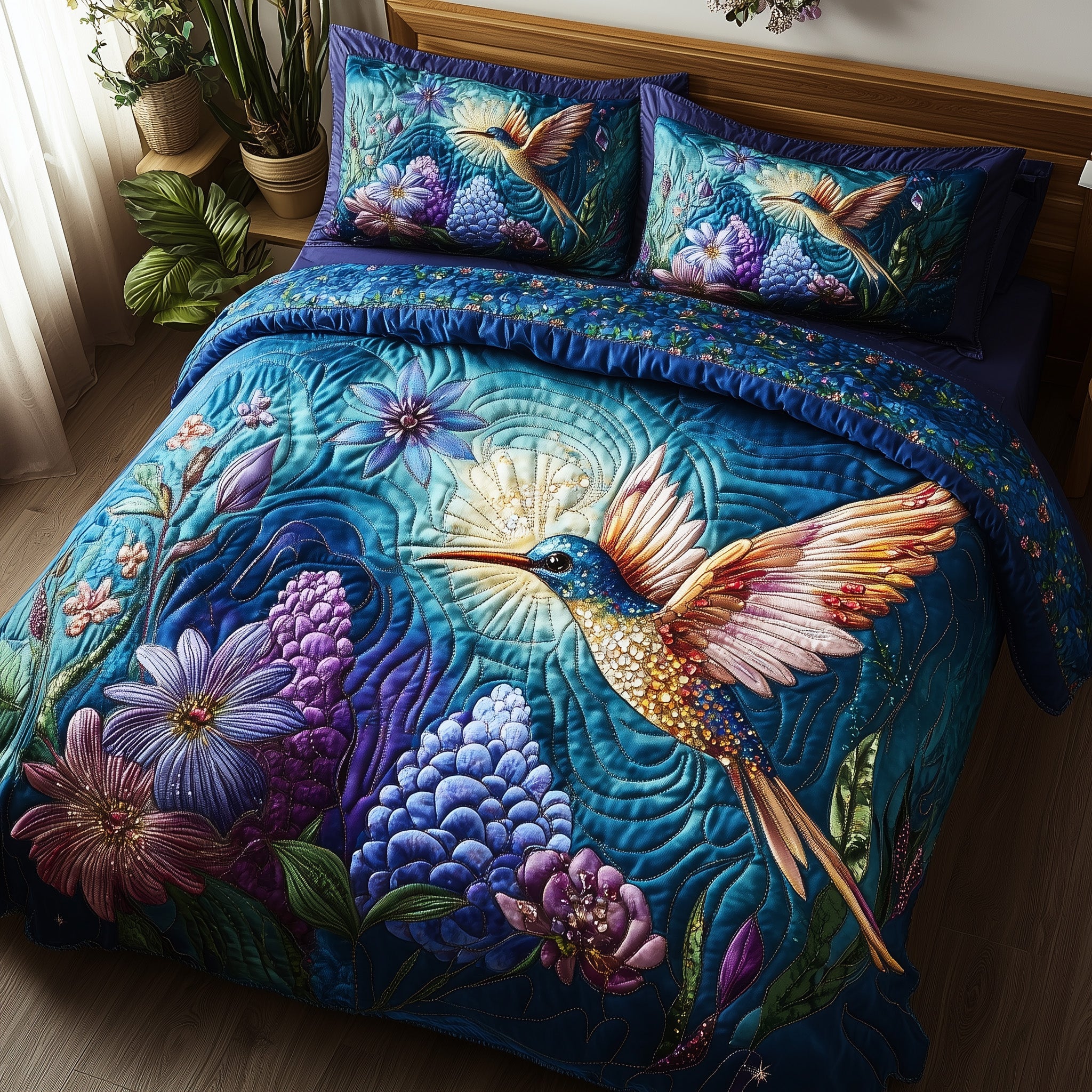Sparkling Hummingbird Quilted Bedding Set Duvet Cover Bed Sheet Hummingbird Gifts For Ladies
