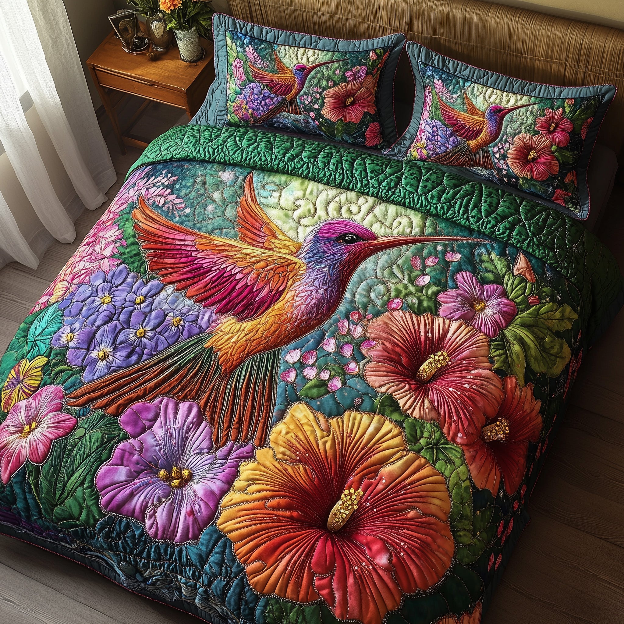 Sparkling Hummingbird Quilted Bedding Set Duvet Cover Bed Sheet Hummingbird Gifts For Men