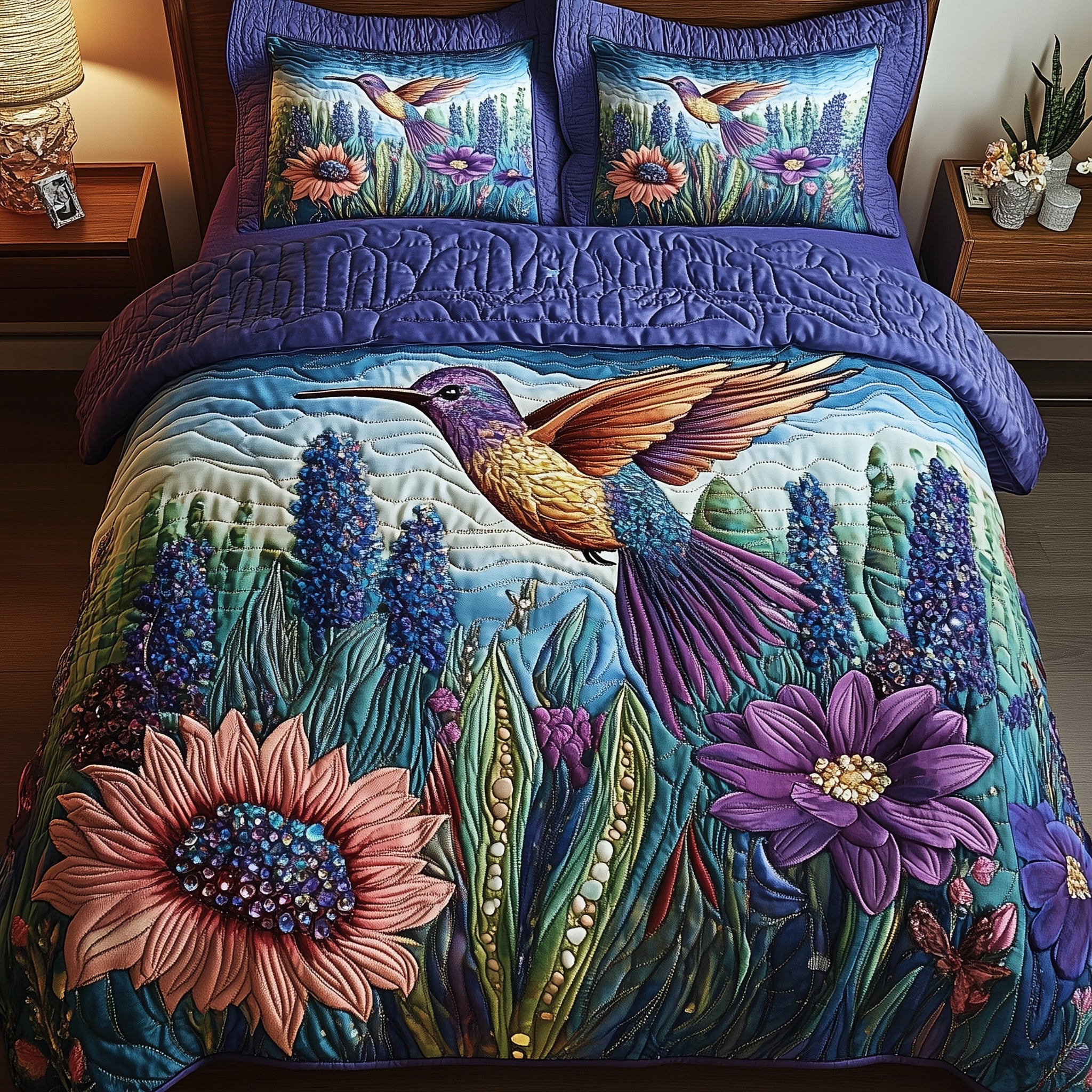 Sparkling Hummingbird Quilted Bedding Set Duvet Cover Bed Sheet Hummingbird Gifts For Women