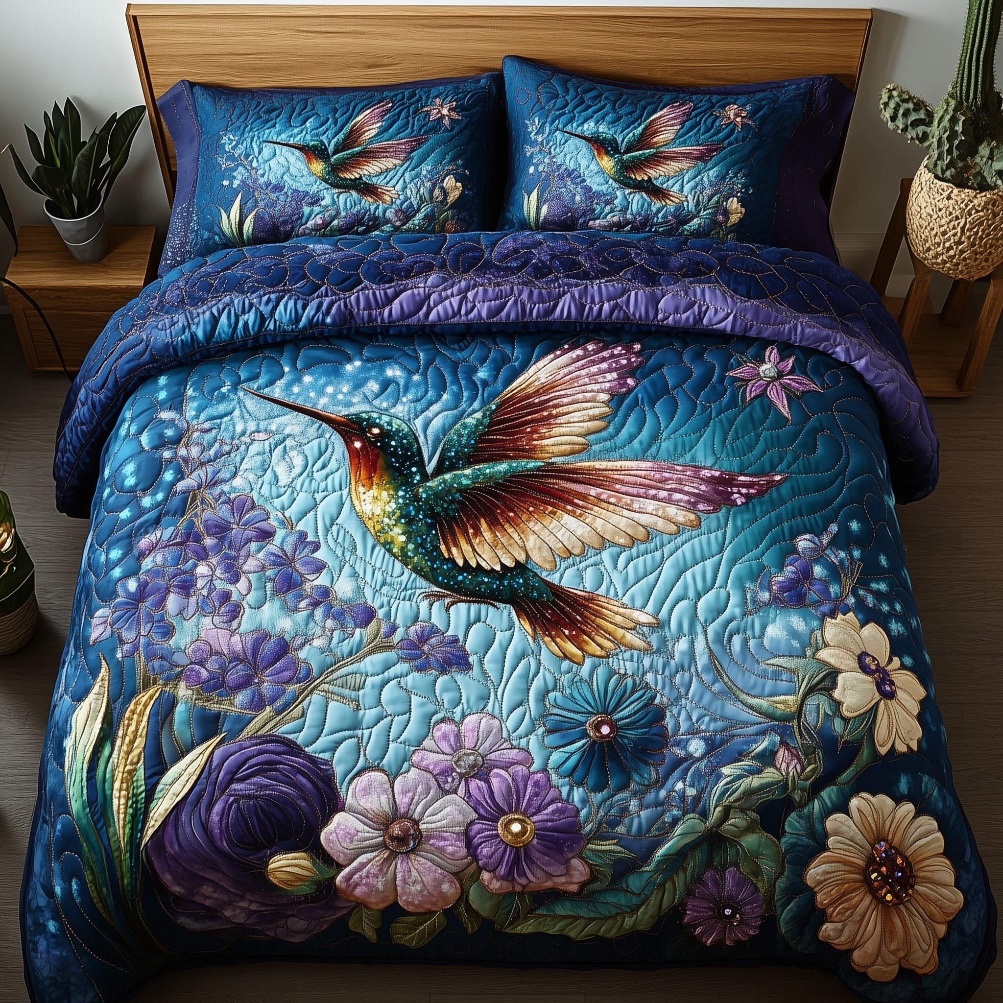 Sparkling Hummingbird Quilted Bedding Set Duvet Cover Bed Sheet Hummingbird Themed Gifts
