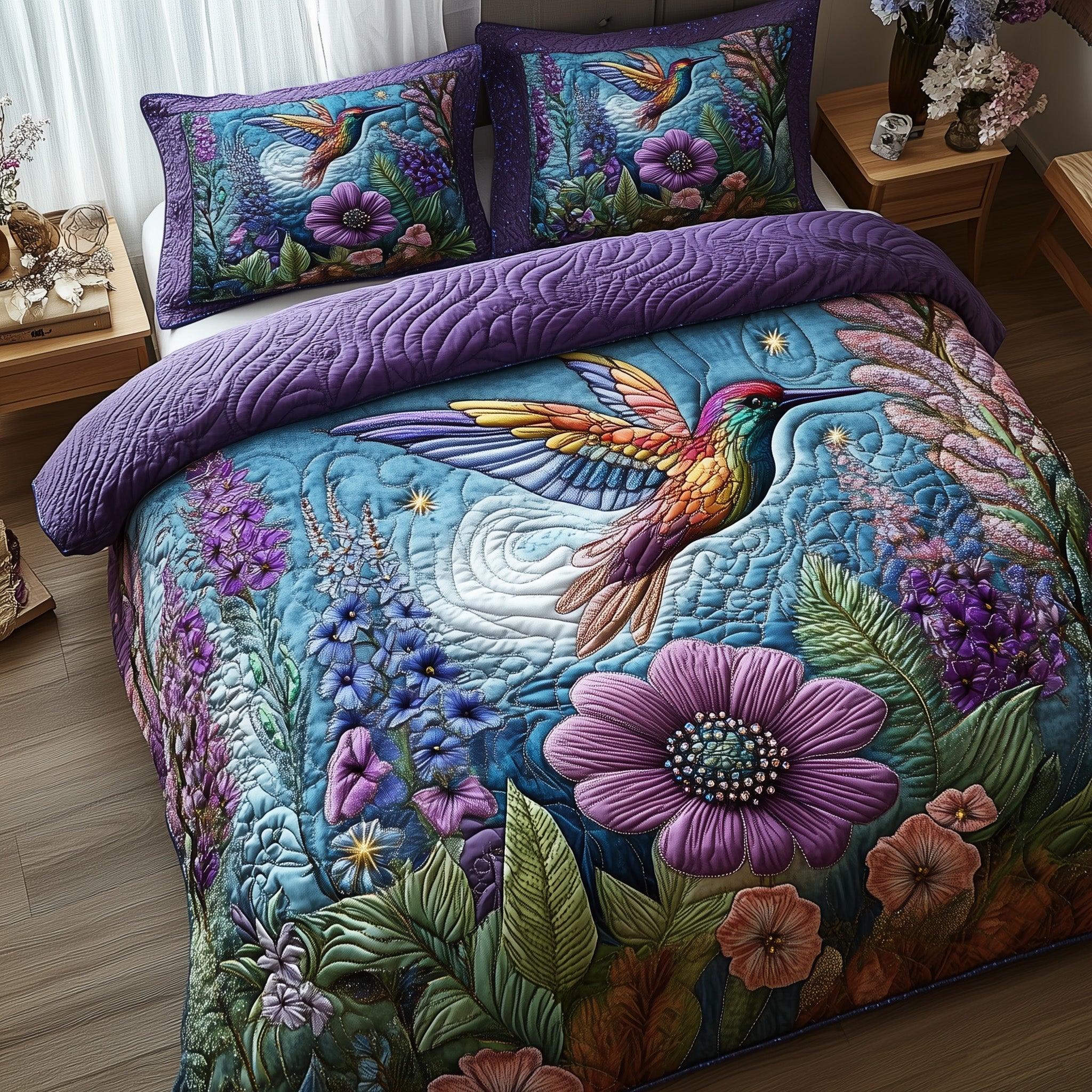 Sparkling Hummingbird Quilted Bedding Set Duvet Cover Bed Sheet The Hummingbird Gift