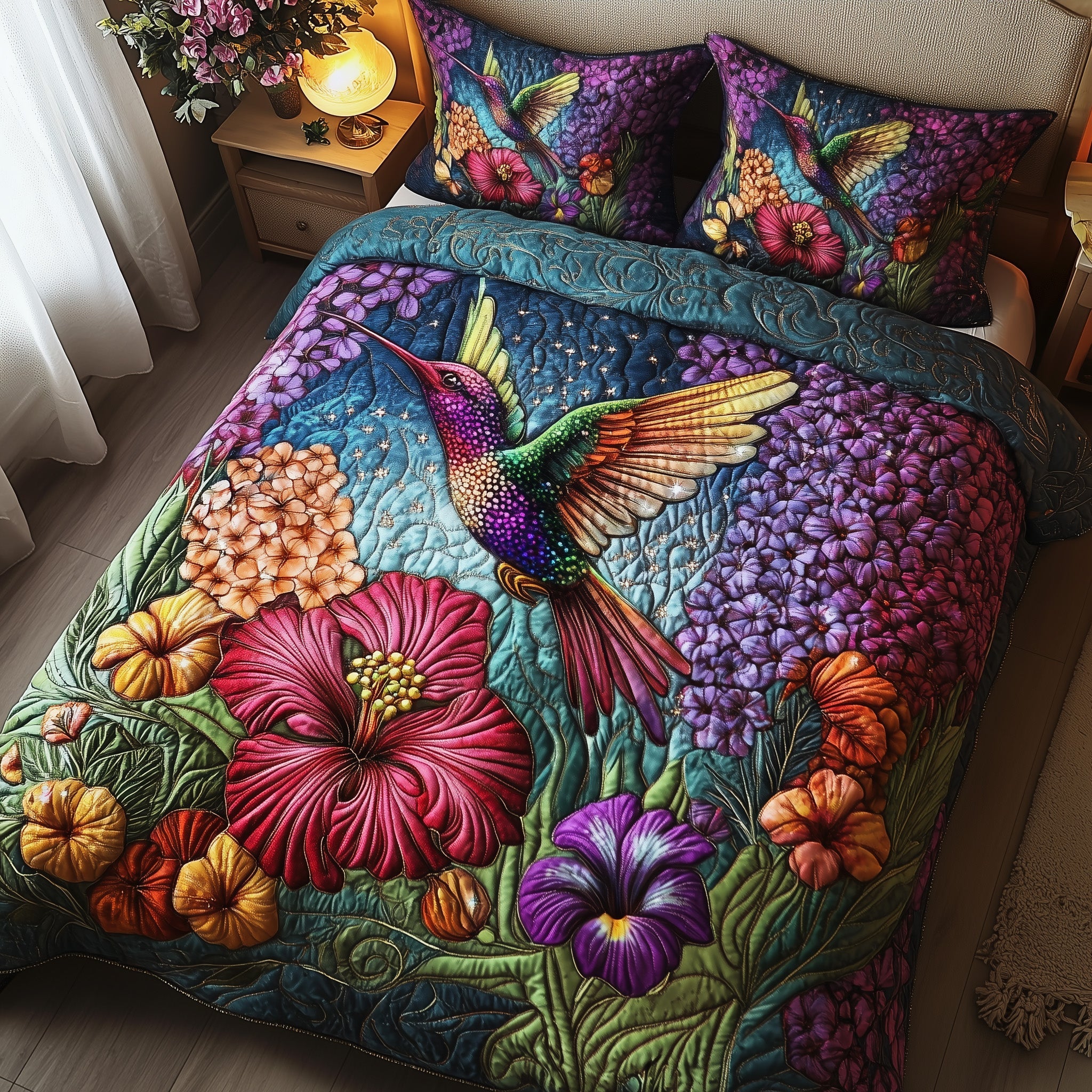 Sparkling Hummingbird Quilted Bedding Set Duvet Cover Bed Sheet Unique Hummingbird Presents