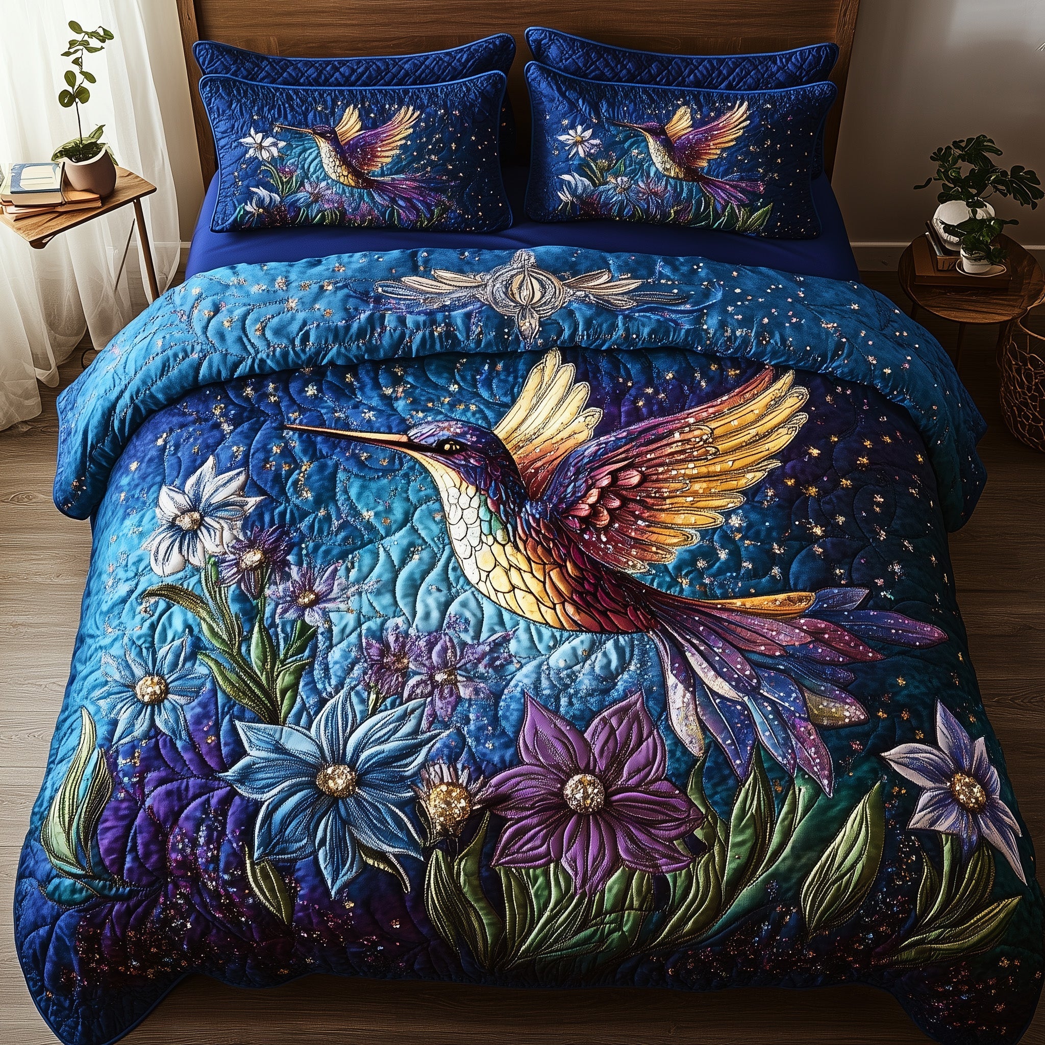 Sparkling Hummingbird Quilted Bedding Set Duvet Cover Bed Sheet Unusual Hummingbird Gifts