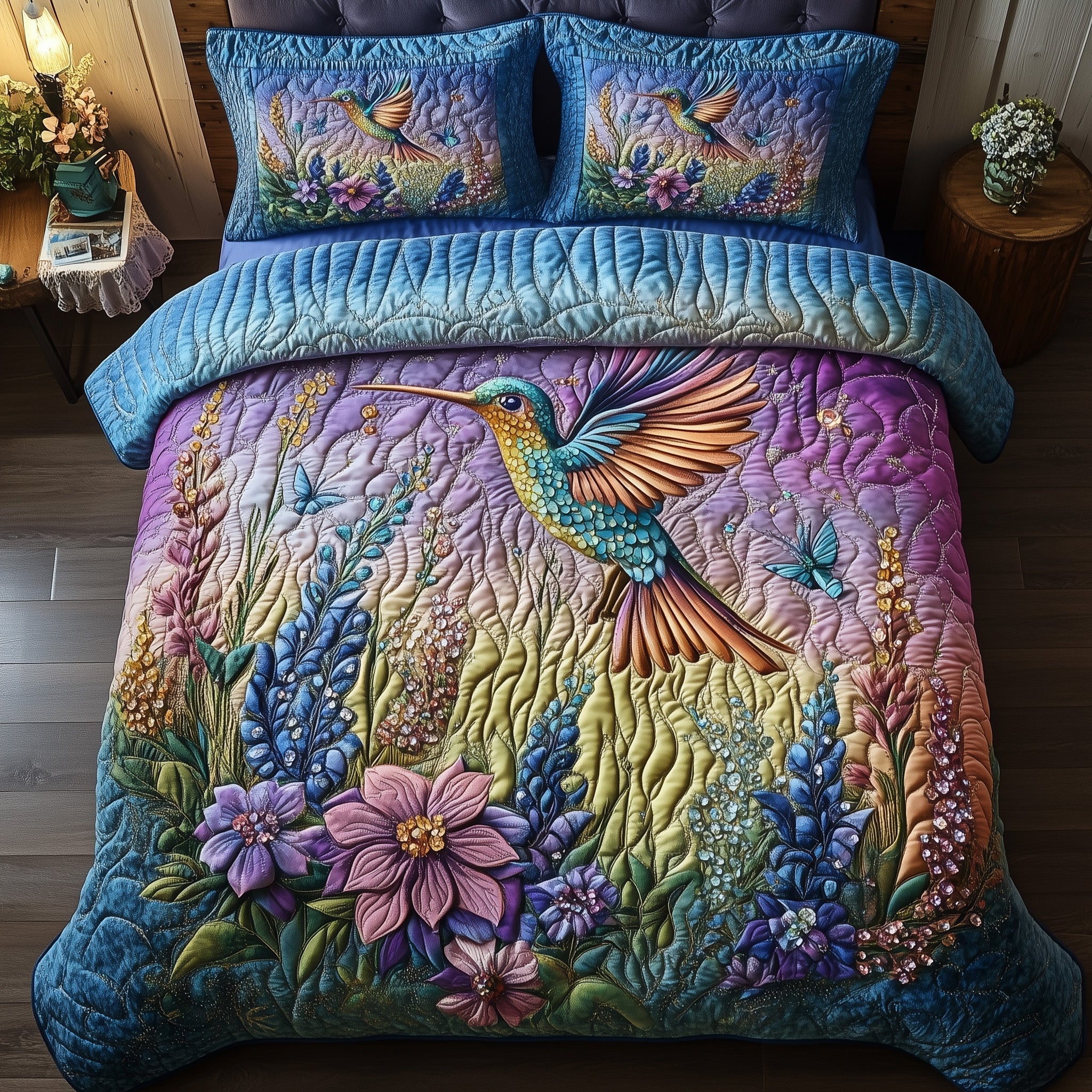 Sparkling Hummingbird Quilted Bedding Set Floral Bird Bedroom Decor Best Gift For Bird Lovers
