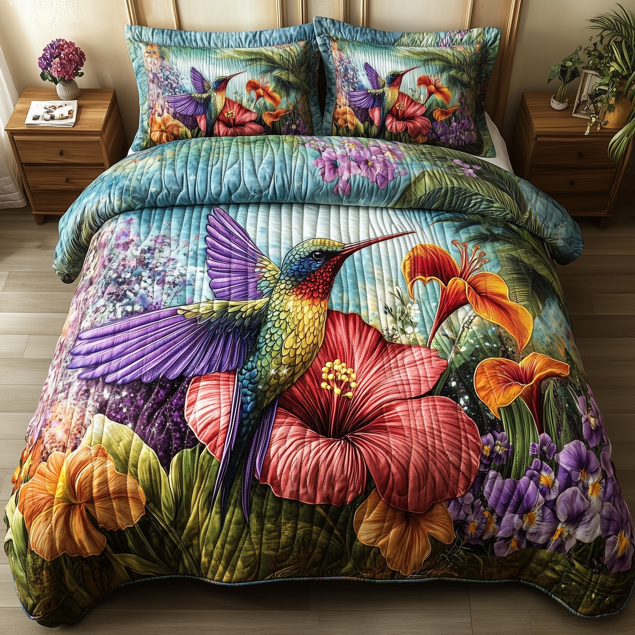 Sparkling Hummingbird Quilted Bedding Set Floral Bird Bedroom Decor Gift For Bird Lovers