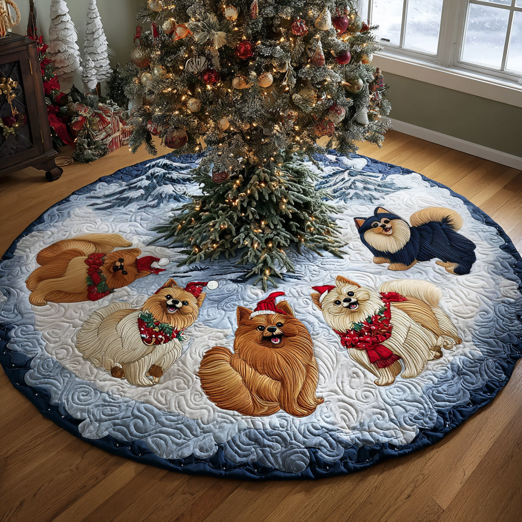 Sparkling Pom Joy Christmas Quilted Tree Skirt Winter Holiday Decor Perfect Gift For Dog Lovers