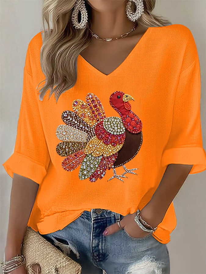 Sparkly Rhinestone Turkey Thanksgiving V-Neck Long Sleeve Shirt Turkey Day Merch Gifts For Her