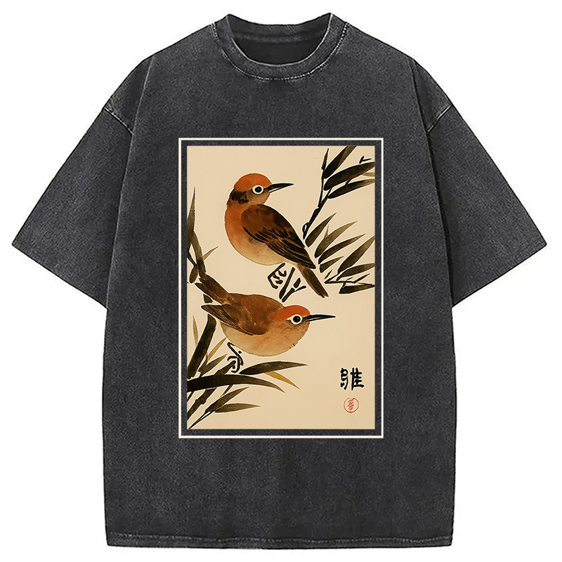 Sparrows Among Bamboo Washed T-Shirt Retro Humor Graphic Top Gifts For Best Friend