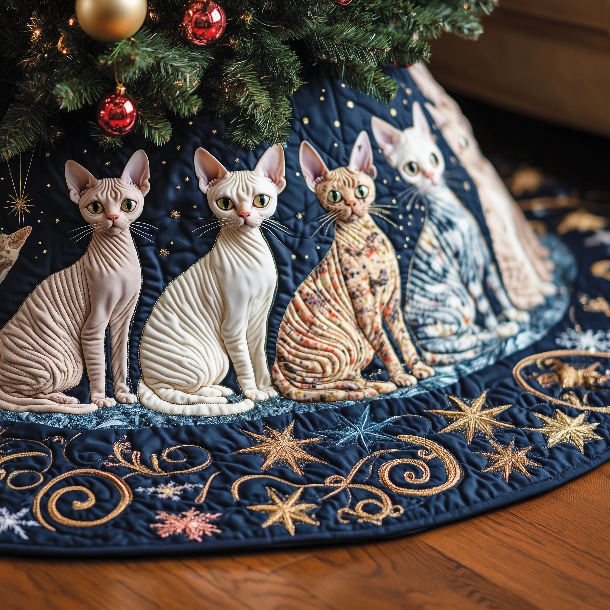 Sphynx Cat Christmas Tree Skirt Quilted Handmade Cat Lover Holiday Decoration Gift for Home Decor