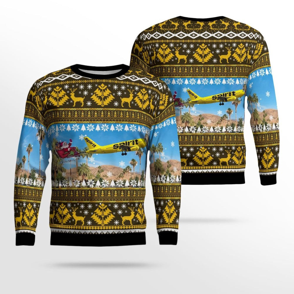 Spirit Airlines Airbus A9 With Santa Over Palm Springs Christmas AOP Ugly Sweater Unisex Christmas Gift