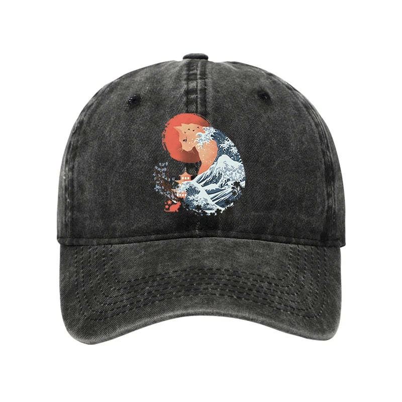 Spirit Cat Wave Japan Washed Hat Japanese Art Trendy Cap Great Gifts For Men