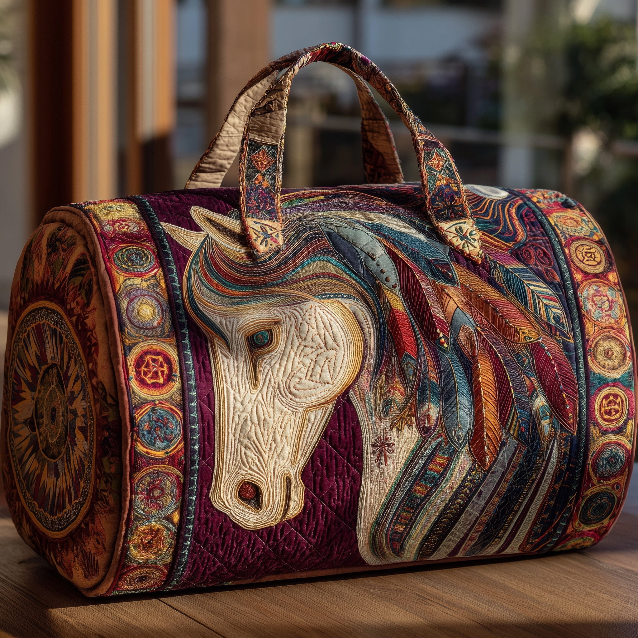 Spirit Horse Quilted Duffle Bag Feather Mane Boho Mandala Best Gift For Horse Lovers