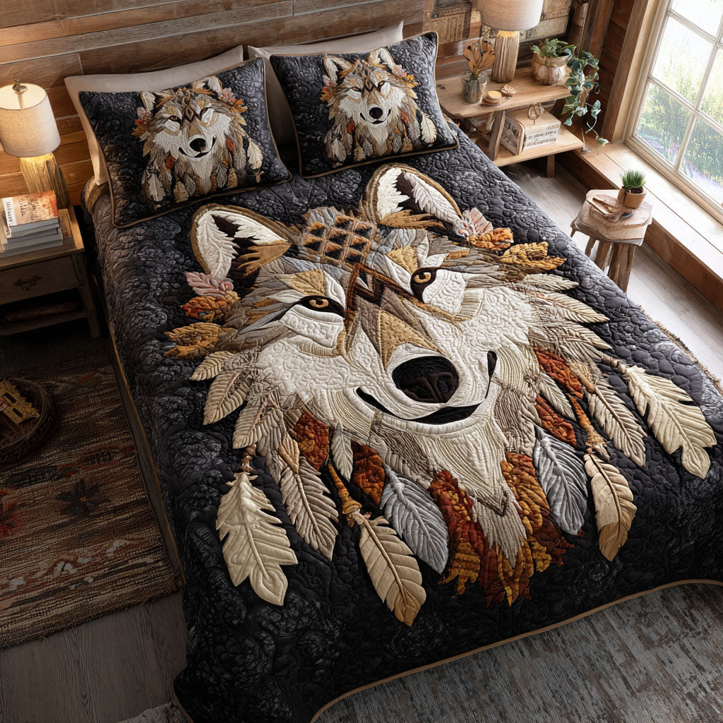 Spirit of the Moon Wolf Quilted Bedding Set Xmas Holiday Duvet Cover Set Wolf Themed Gift Items