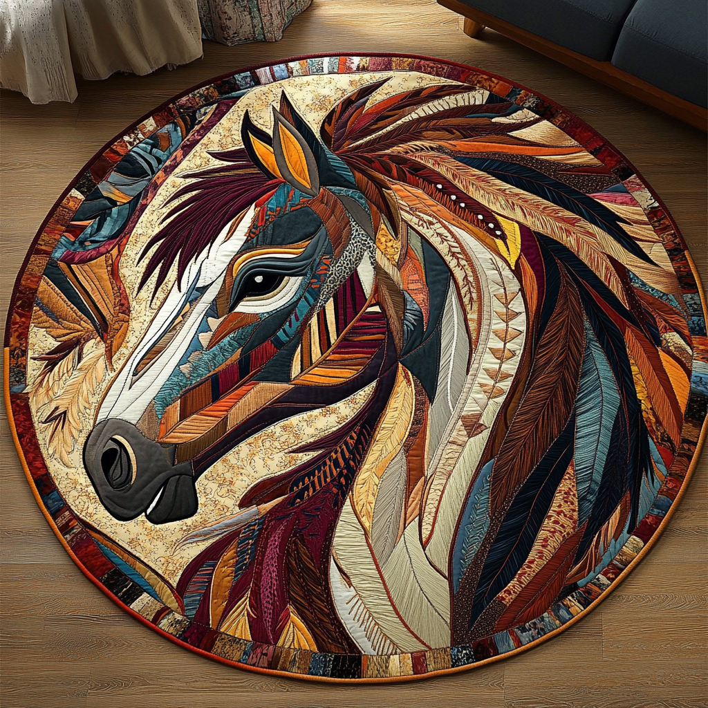 Spirits of the Earth Quilted Round Mat Door Entrance Decor Unique Gifts For Horse Owners