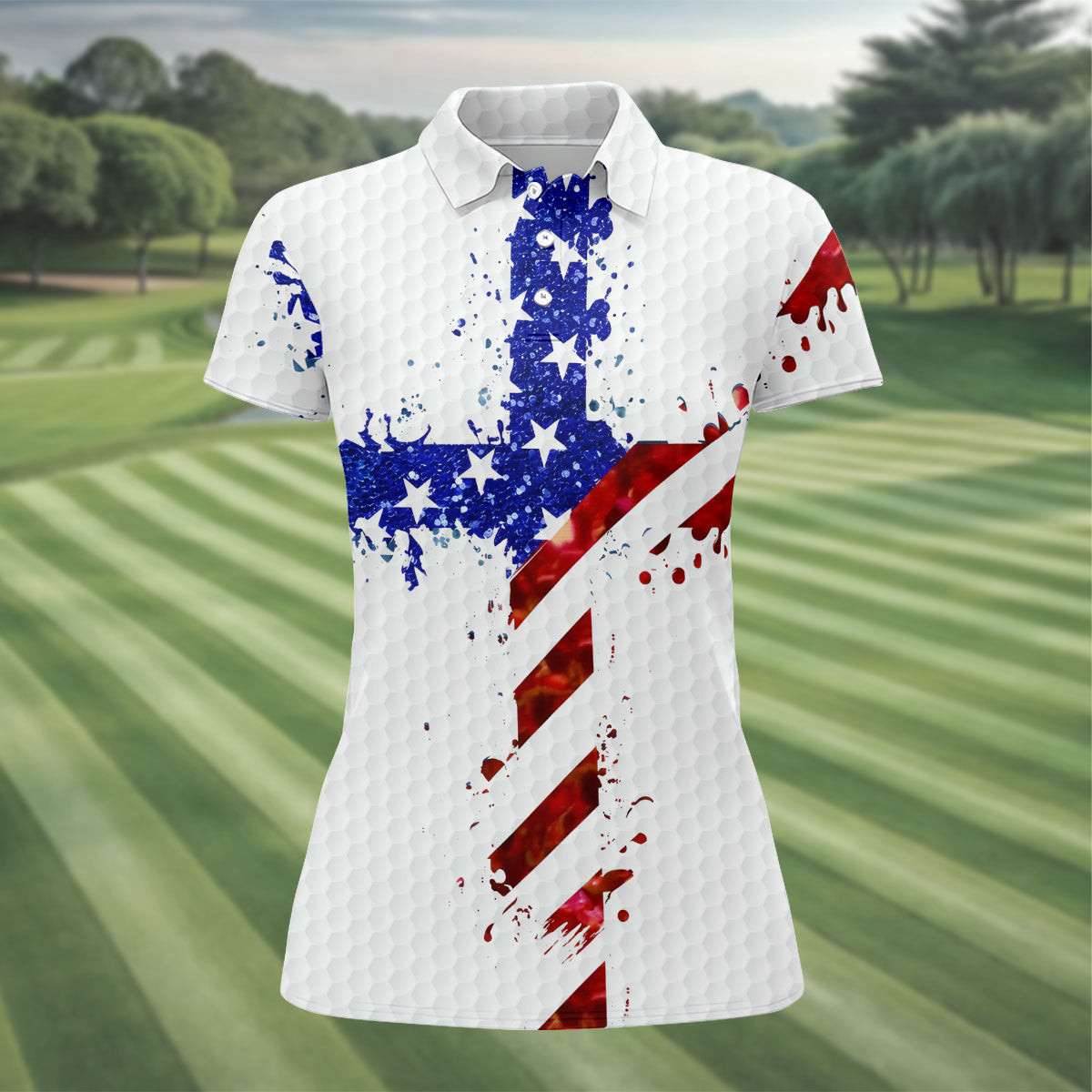 Splash Faith Cross US Flag Polo Shirt Women's Patriotic Merchandise Gifts For Sister