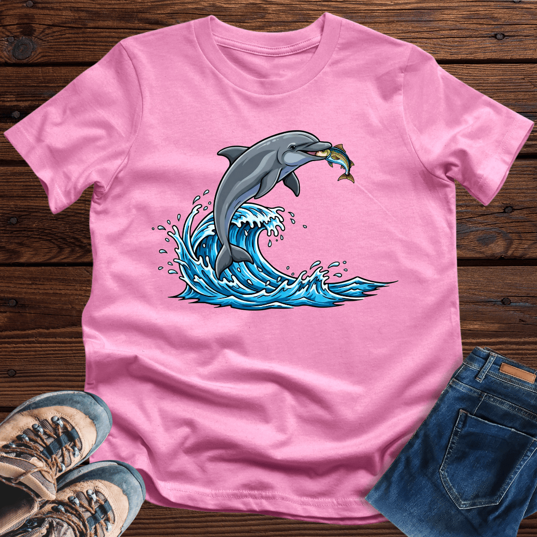 Splash Snatch Dolphin Catches Fish T-Shirt Cool Sea Animal Cartoon Shirt Fisher Apparel