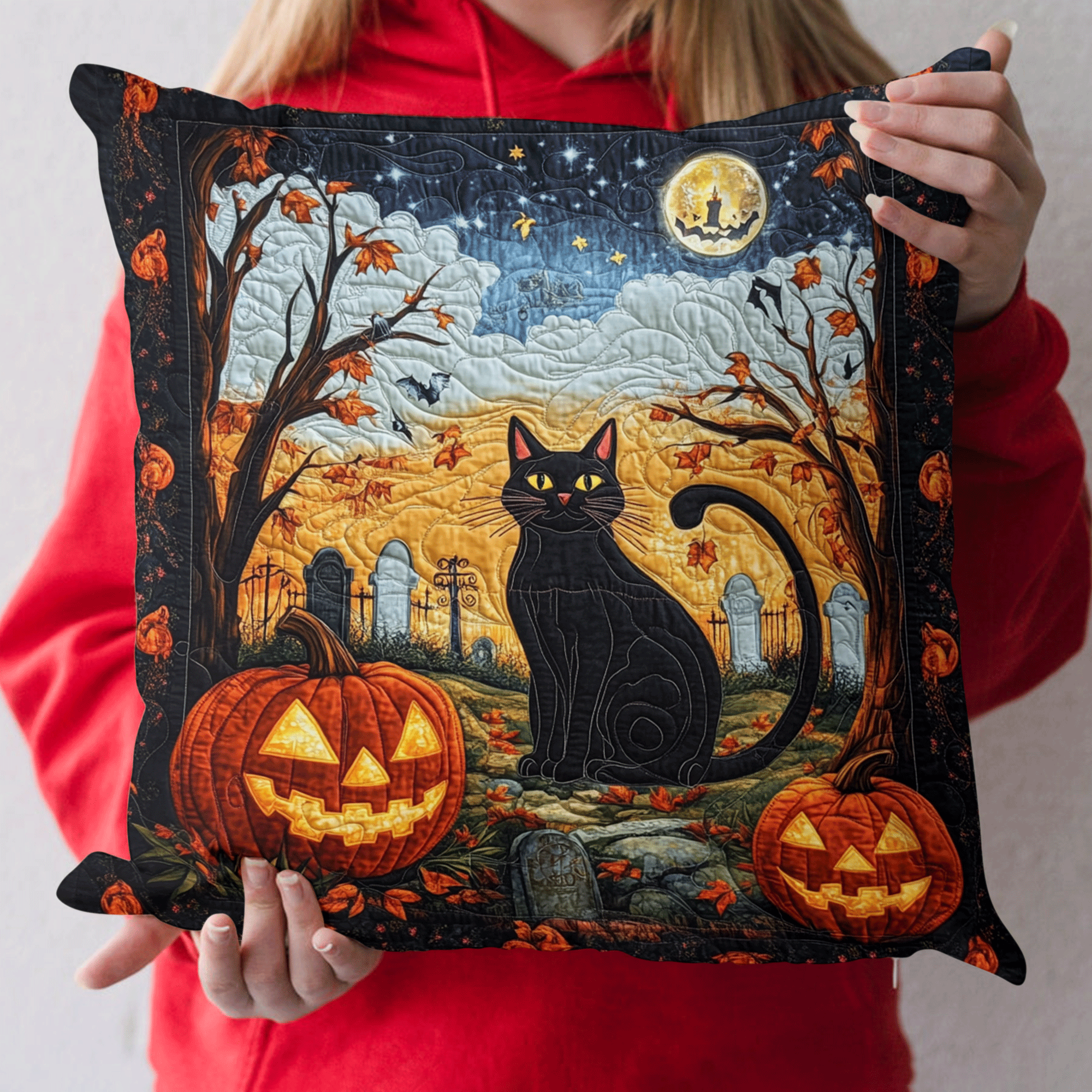 Spooktacular Black Cat Quilted Pillow Case Christmas Throw Pillow Case