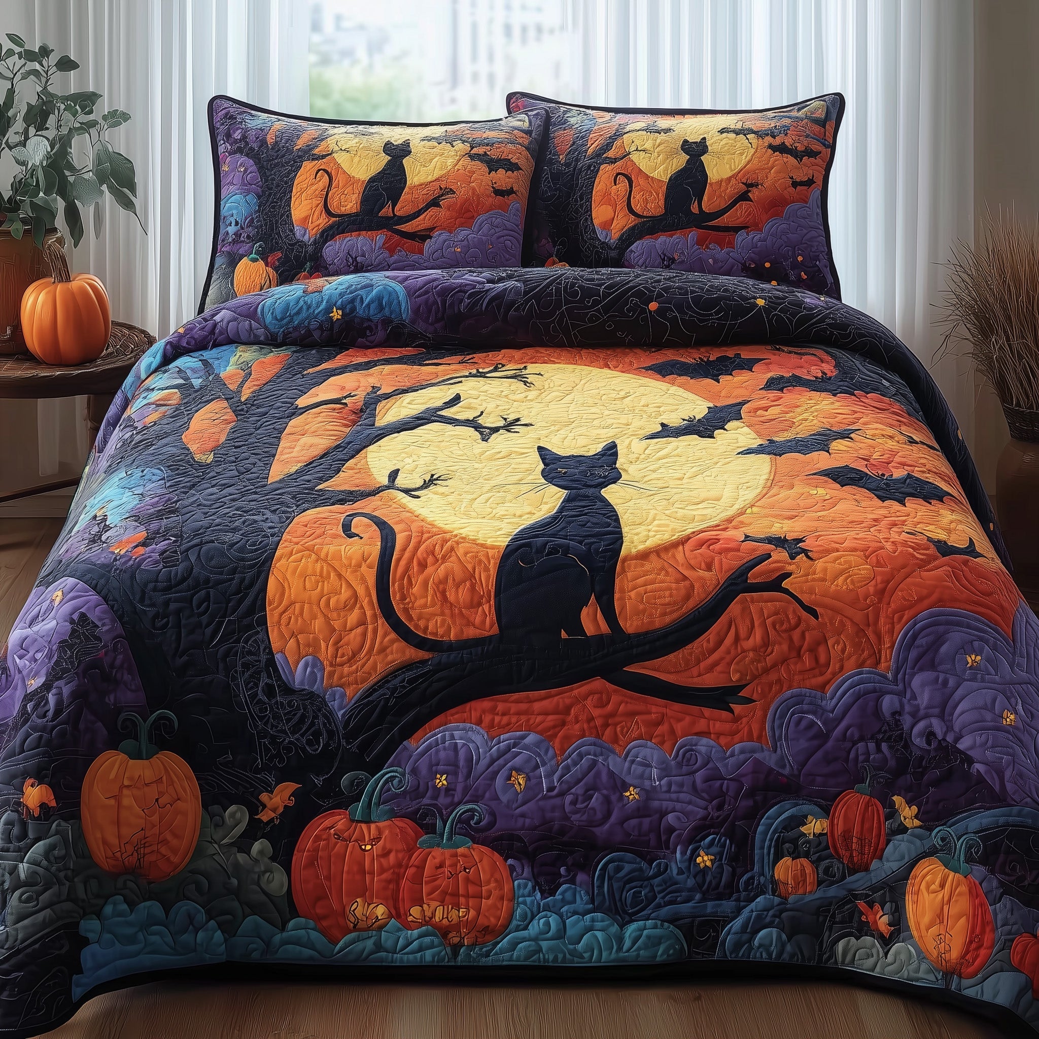 Spooky Black Cat Quilted Bedding Set Birthday Gift