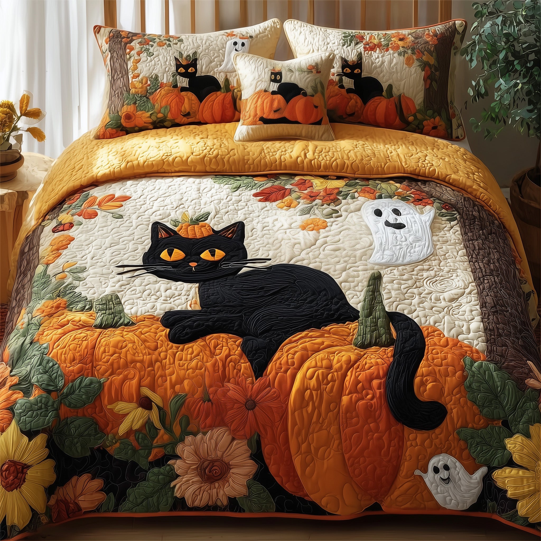 Spooky Black Cat Quilted Bedding Set For Women