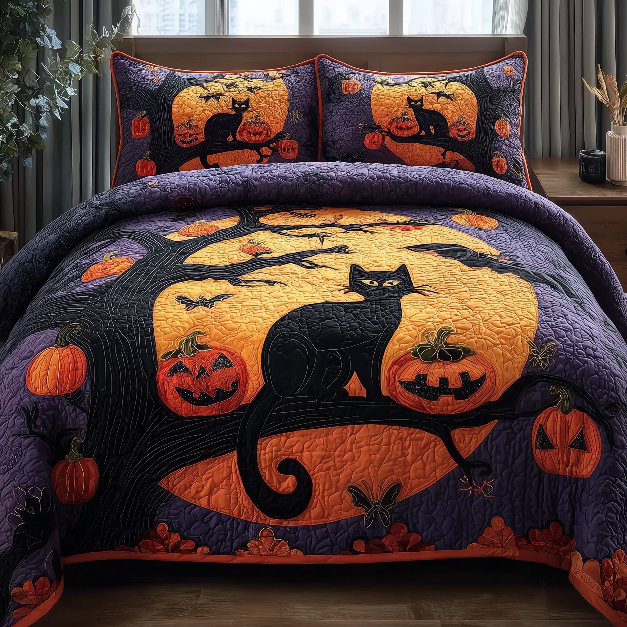 Spooky Black Cat Quilted Bedding Set Housewarming Gift