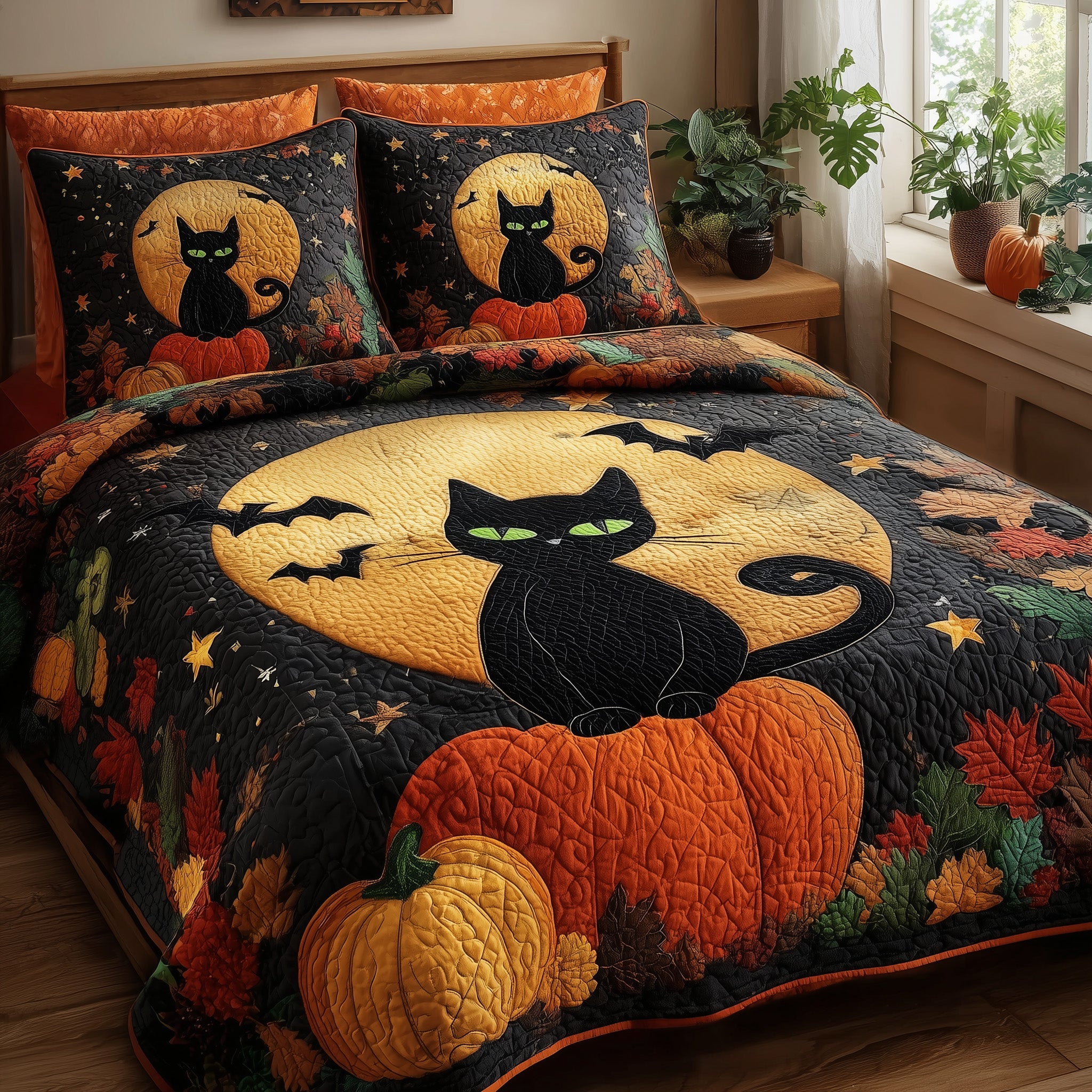 Spooky Black Cat Quilted Bedding Set Hypoallergenic